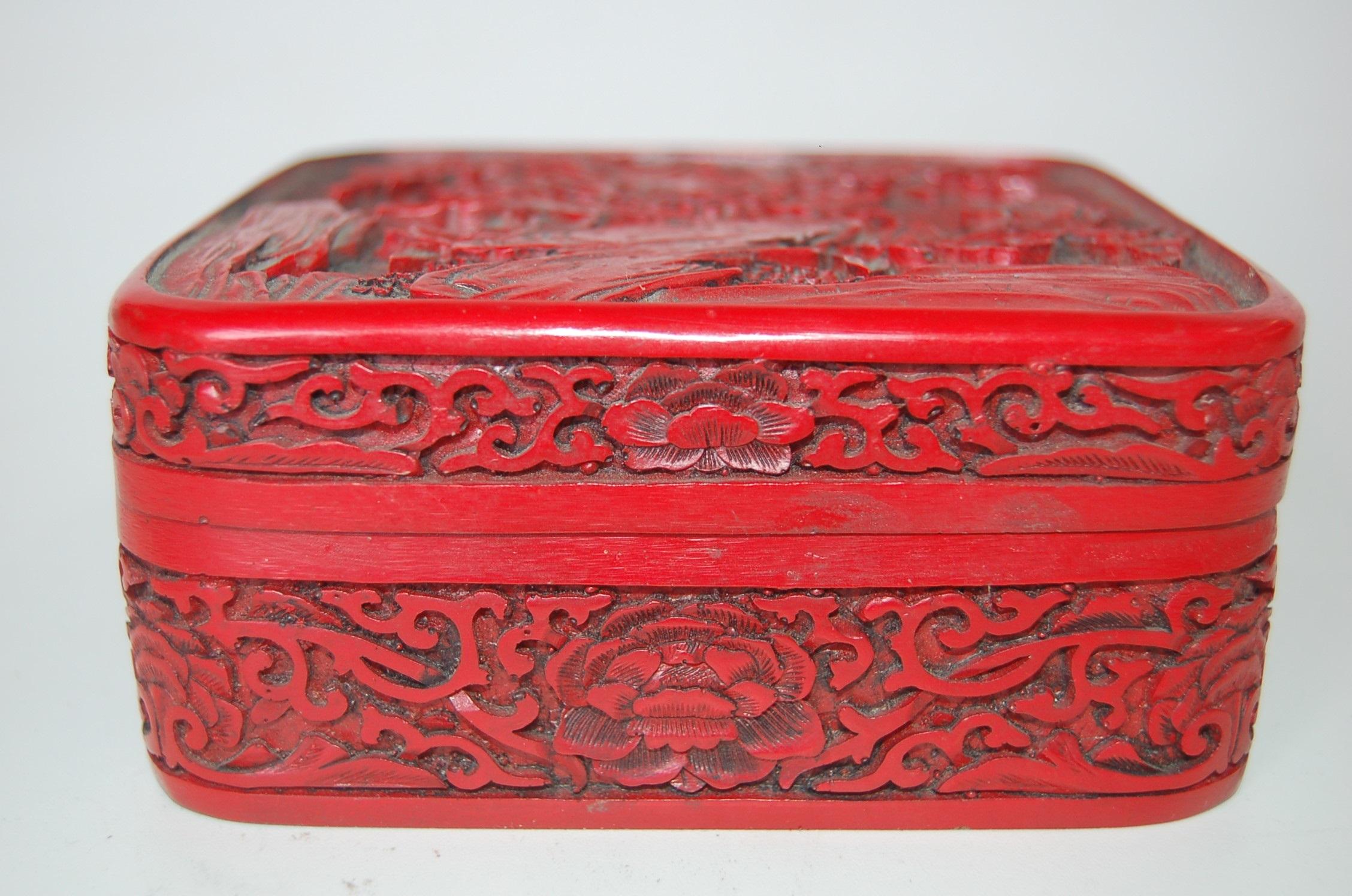 Early 20th Century Antique Floral Hand Carved Lacquer Cinnabar Lidded Jewelry Box