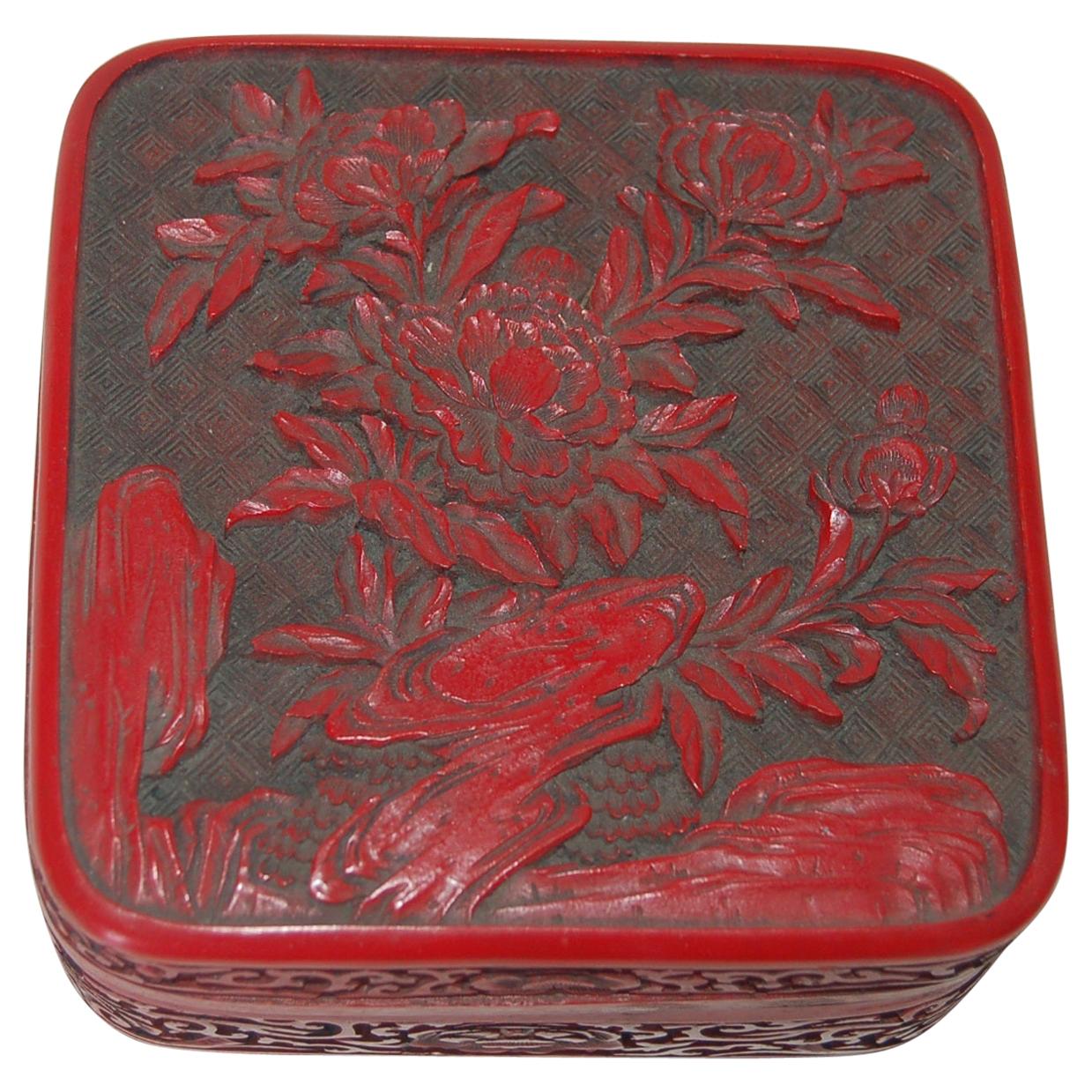 Antique Floral Hand Carved Lacquer Cinnabar Lidded Jewelry Box