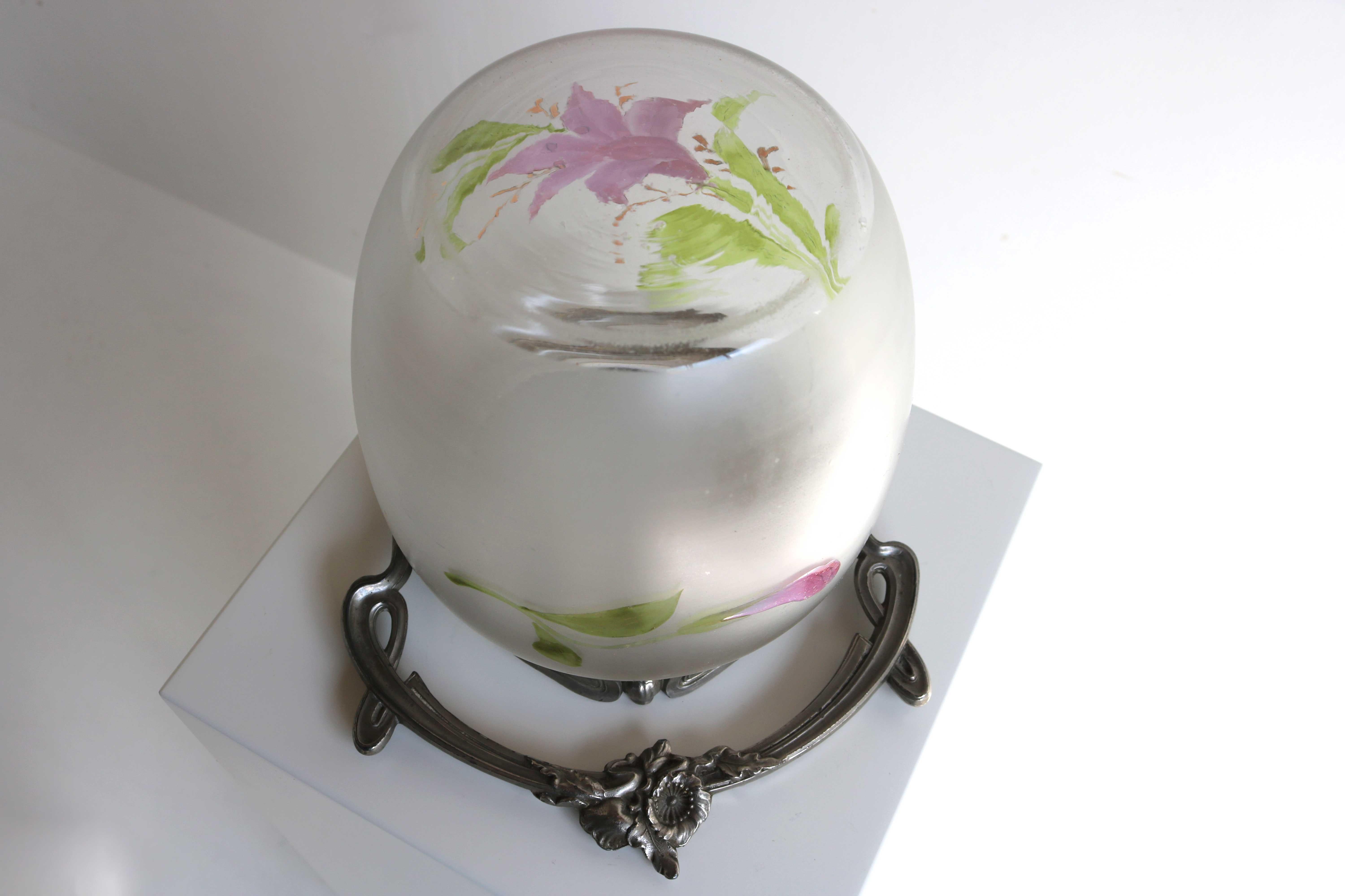 Antique Floral Hand Painted Enameled Glass Biscuit Box, Art Nouveau, France For Sale 8