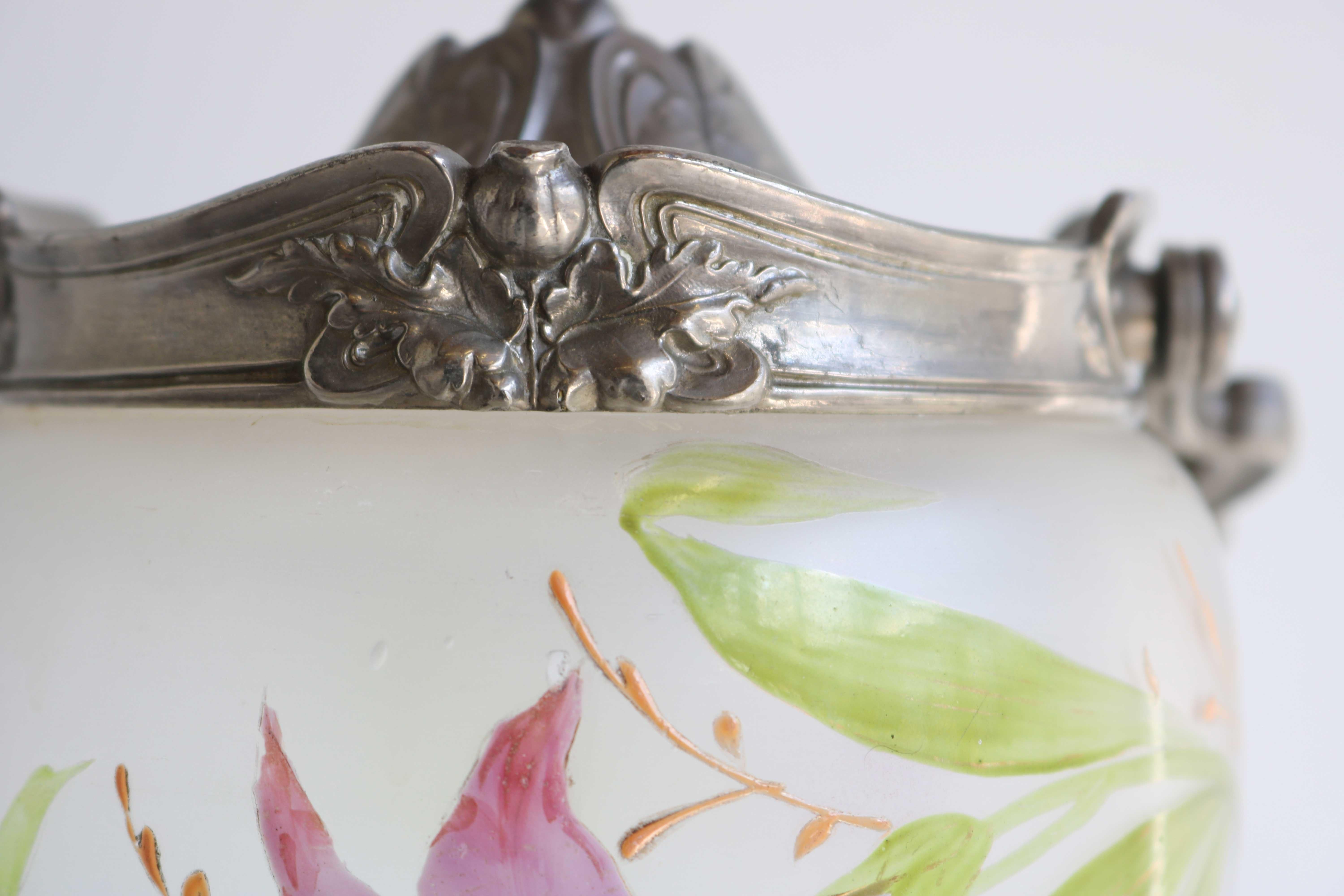 Antiguo Galletero Floral de Cristal Esmaltado Pintado a Mano, Art Nouveau, Francia Francés en venta