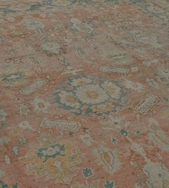 Antique Floral Hand-woven Red and Blue Wool Oushak Rug