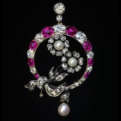 Antiker Anhänger mit Blumenmotiv aus Rubin, Perle und Diamant, um 1880, Ref.: 854750