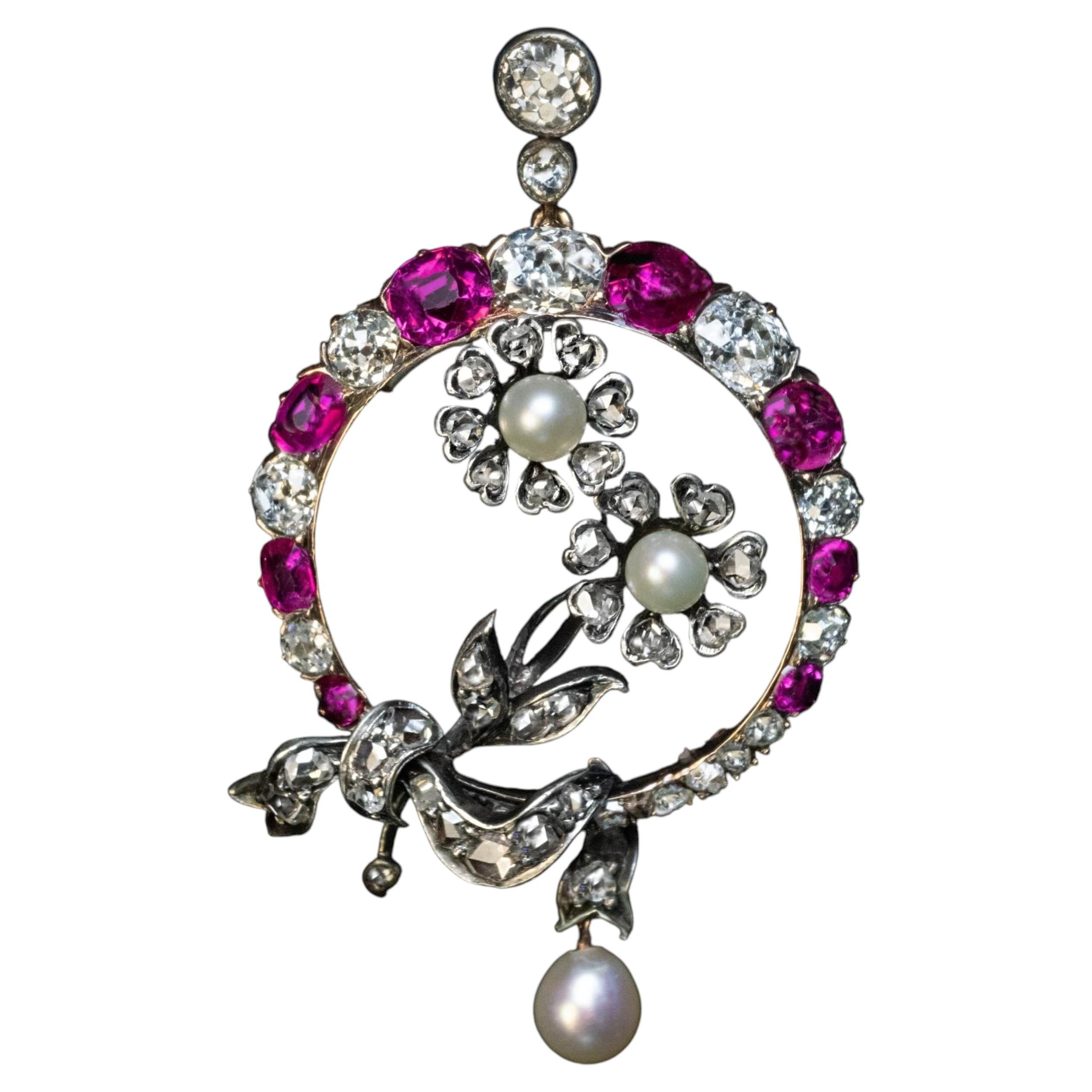 Antique Floral Motif Ruby Pearl Diamond Pendant c. 1880 Ref: 854750 For Sale