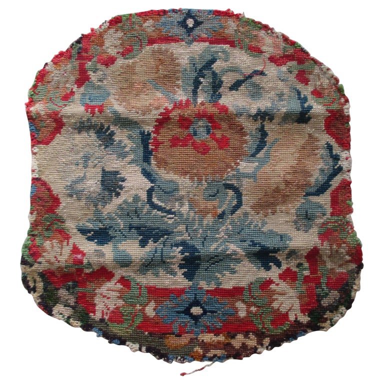 Antique Floral Needlepoint Seat Cover Tapestry Fragment For Sale
