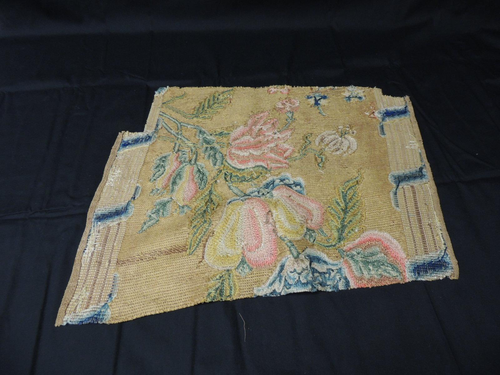 Italian Antique Floral Needlework Tapestry Fragment For Sale