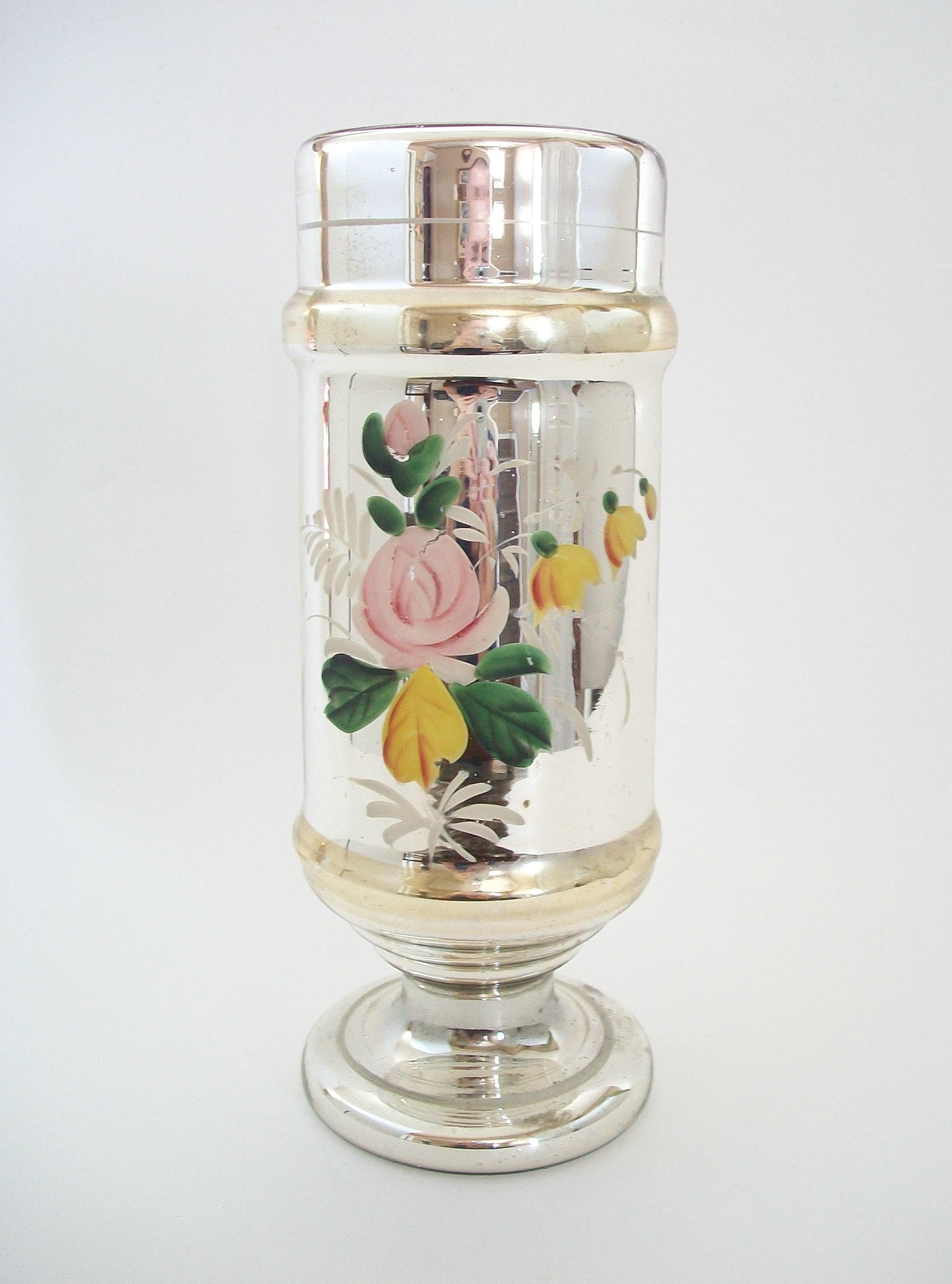 Large antique silver and gold Mercury glass vase - featuring hand painted multicolor flowers to the front with white painted bands to the base and rim - mirror gold finish to the interior and two outside bands - double glass wall construction -