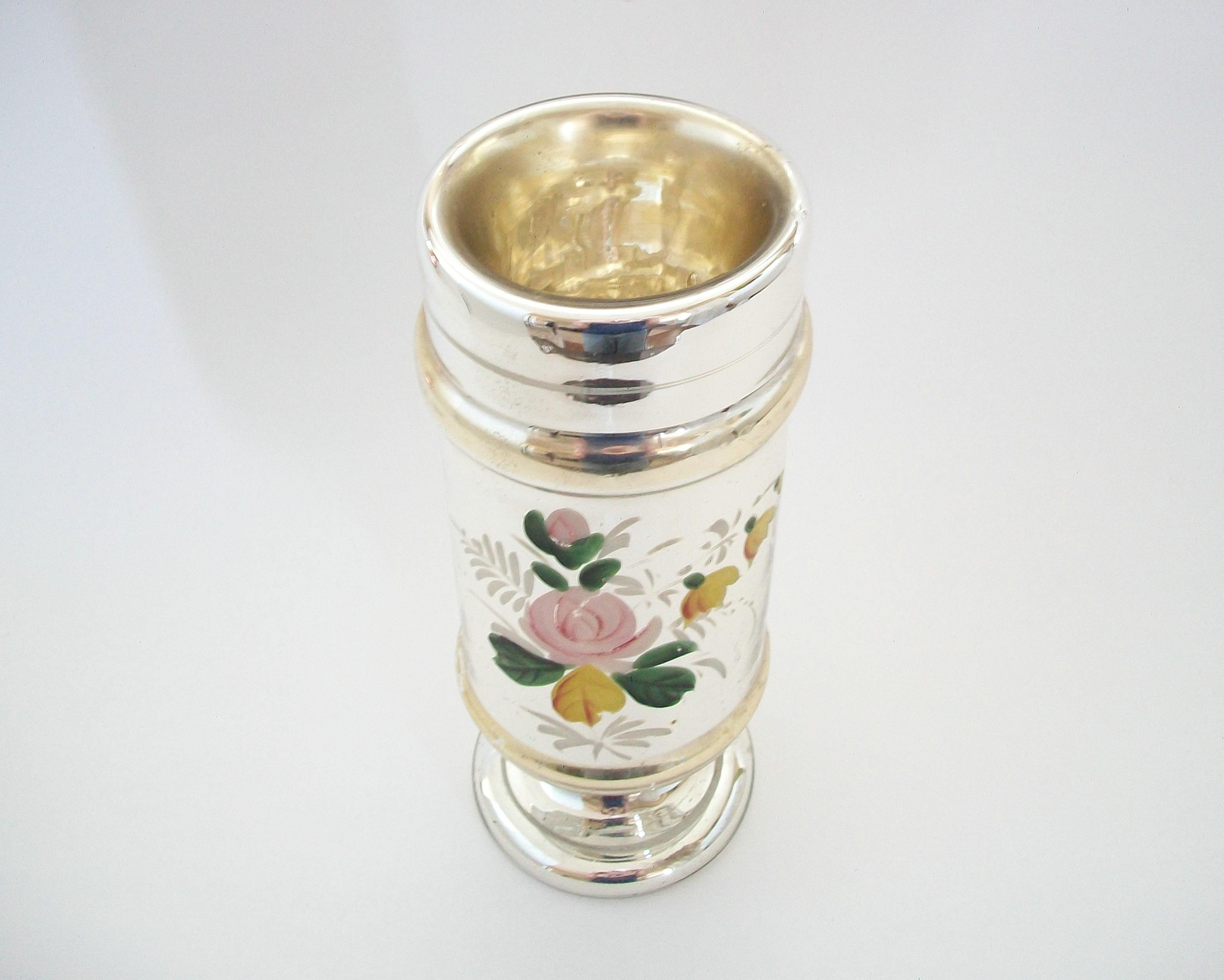 French Antique Floral Painted Gold & Silver Mercury Glass Vase - France - 19th Century For Sale