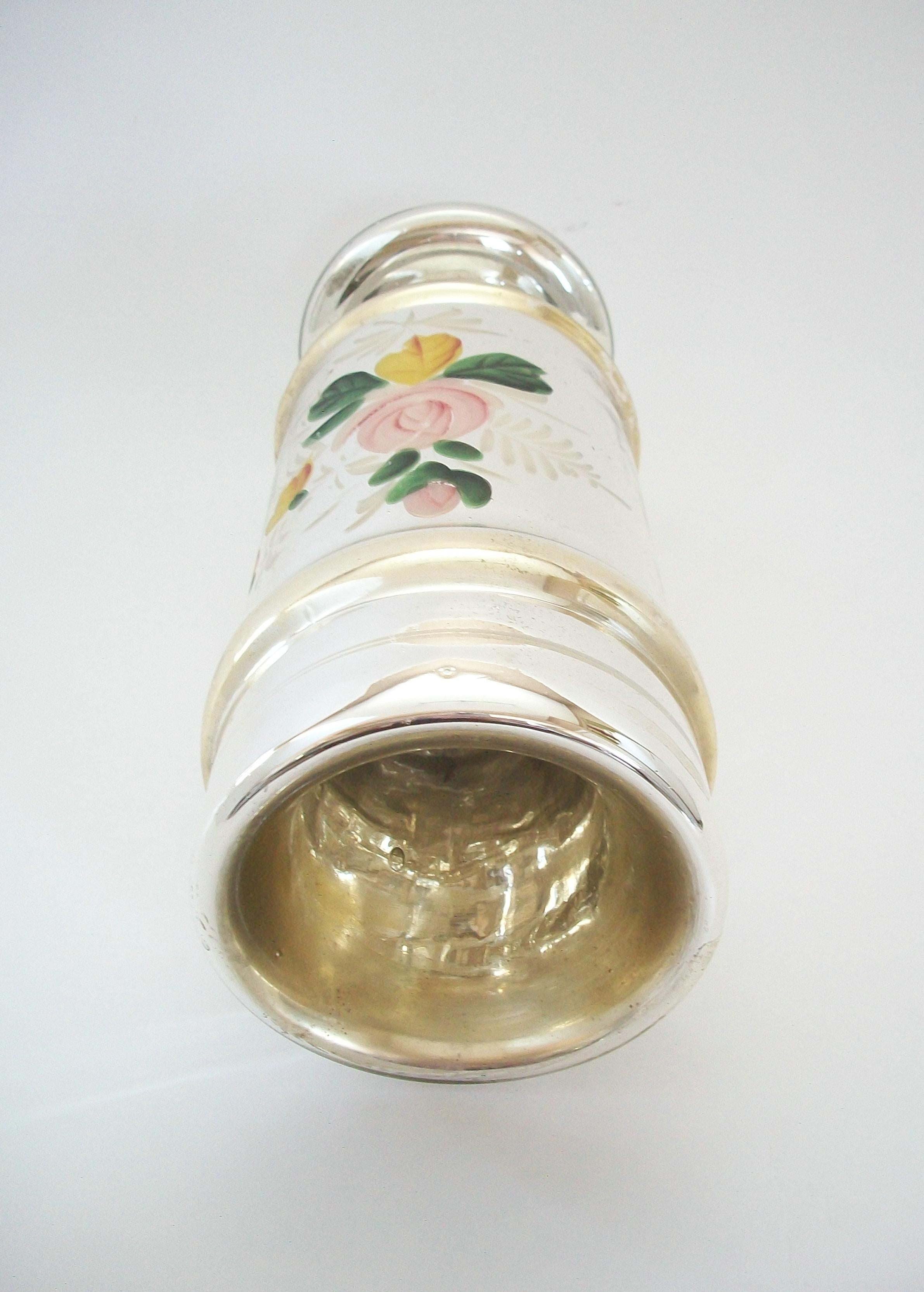 Antique Floral Painted Gold & Silver Mercury Glass Vase - France - 19th Century In Good Condition For Sale In Chatham, ON