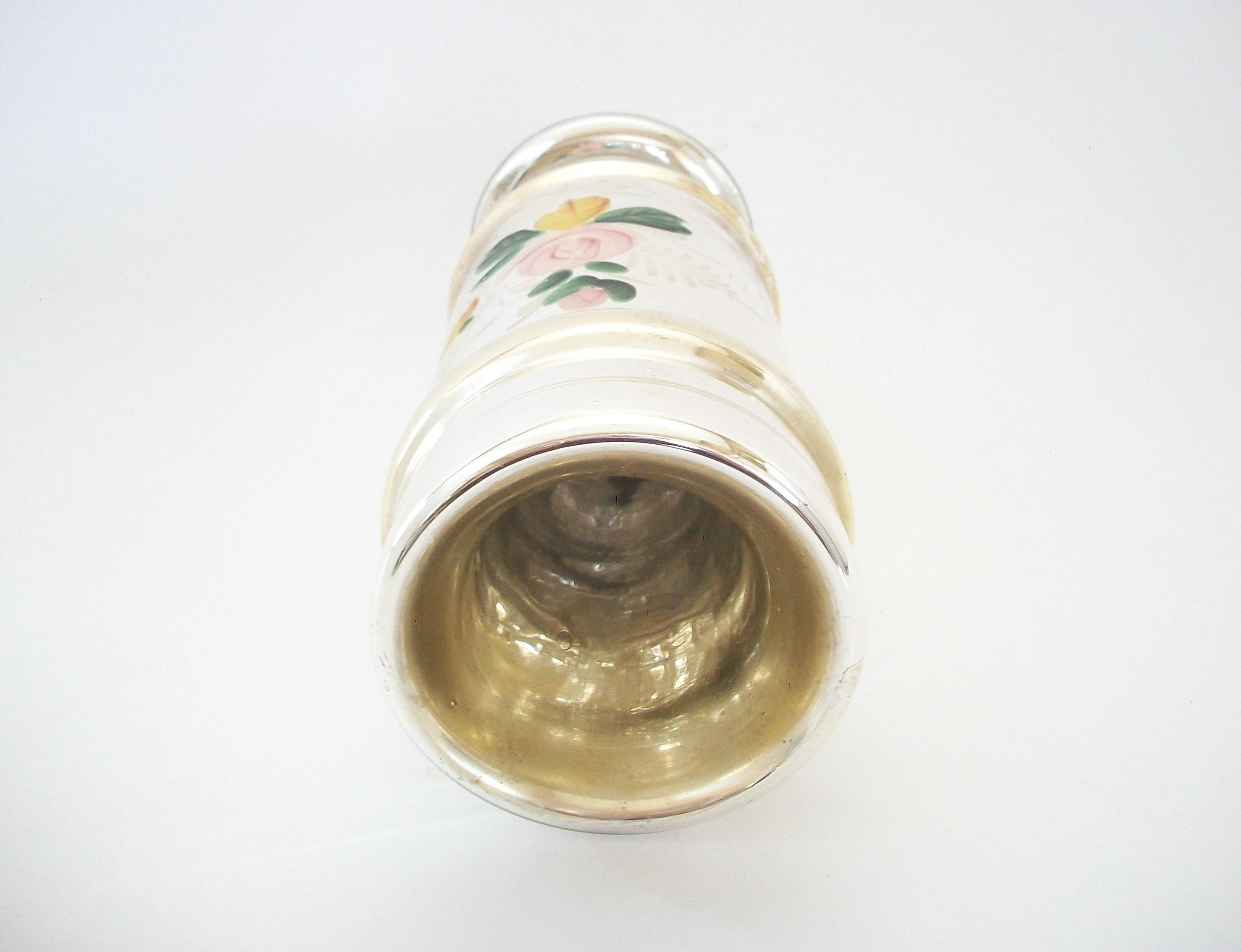 Antique Floral Painted Gold & Silver Mercury Glass Vase - France - 19th Century For Sale 1