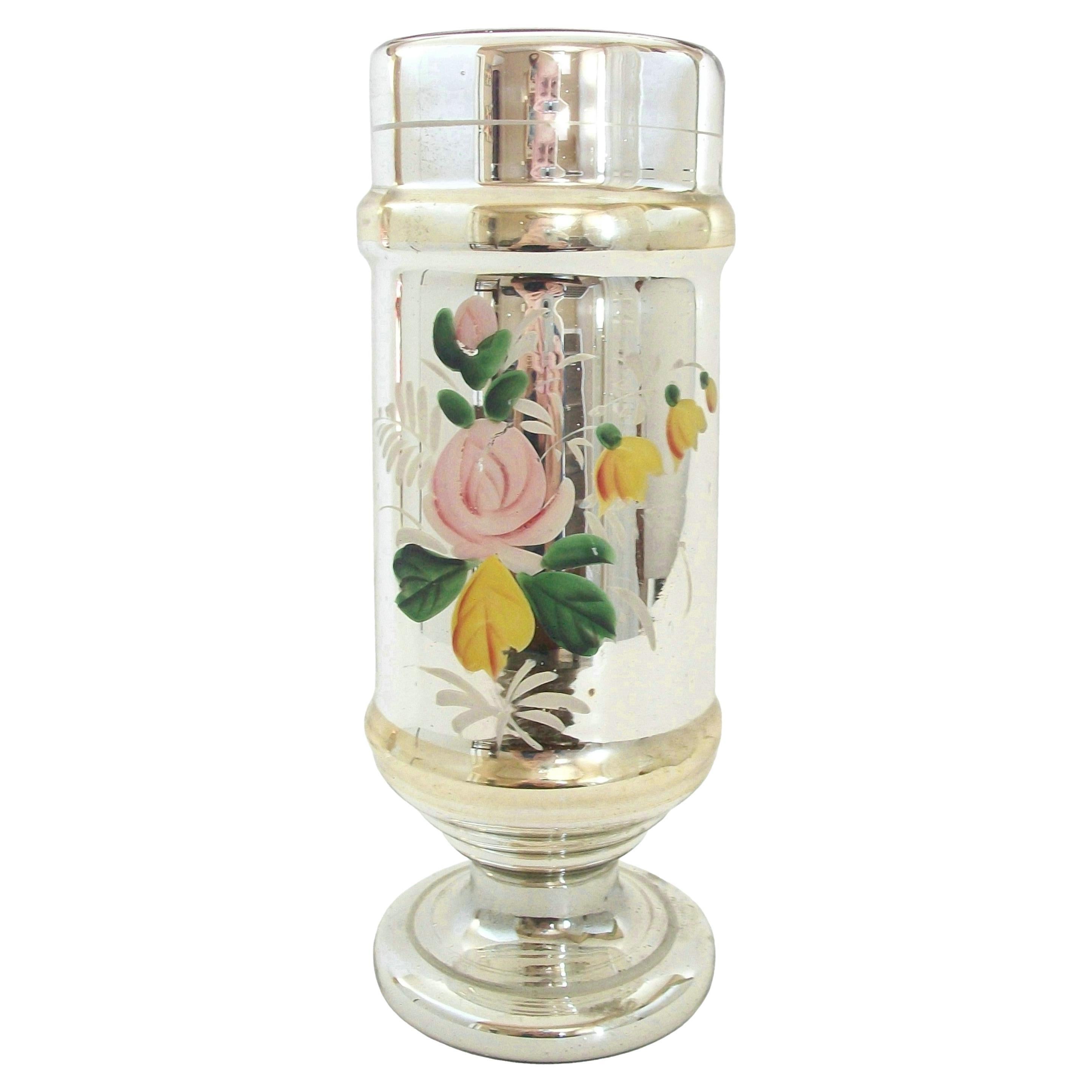 Antique Floral Painted Gold & Silver Mercury Glass Vase - France - 19th Century For Sale