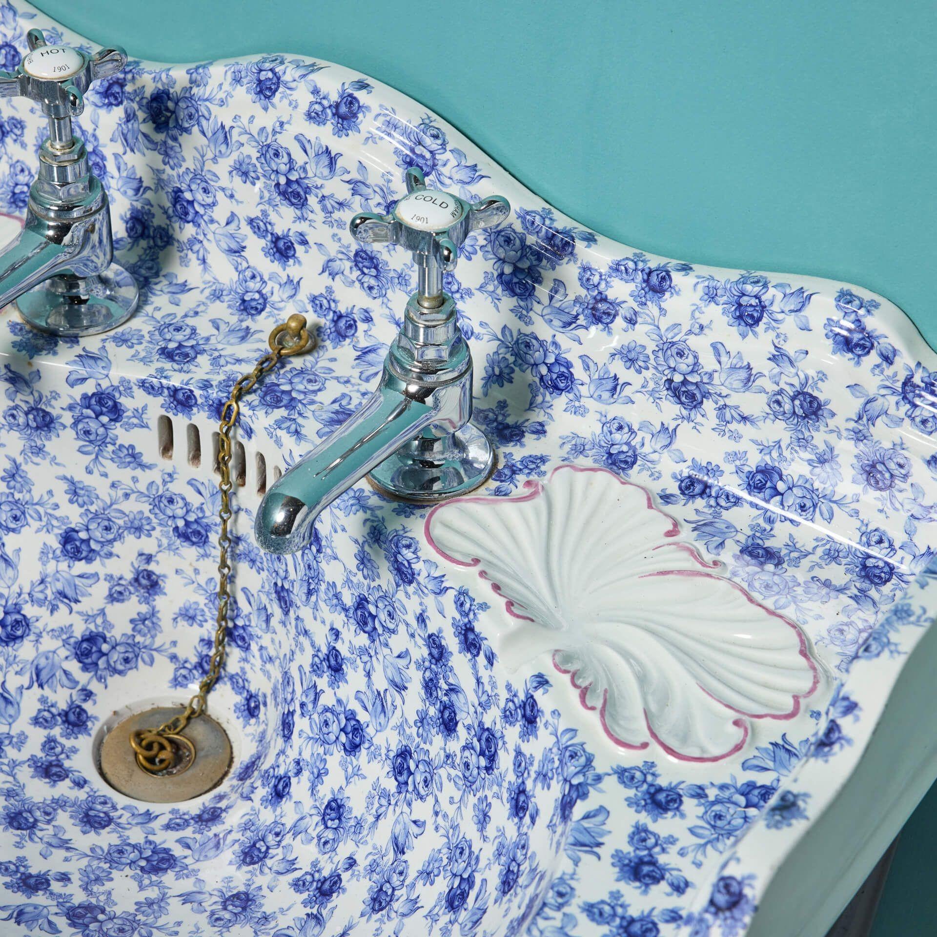 English Antique Floral Pattern Porcelain Sink