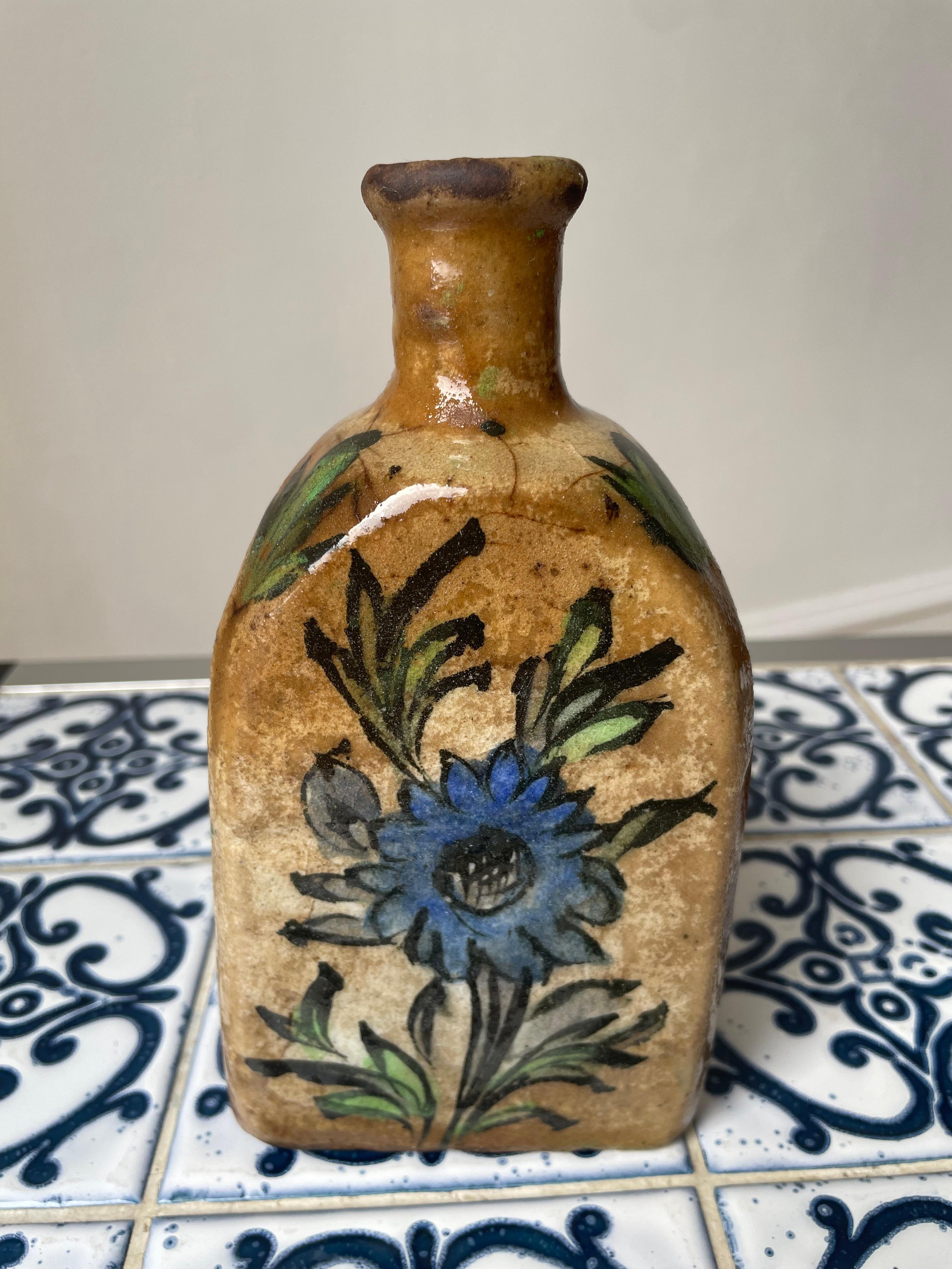 Antique Floral Persian Qajar Pottery Tea Flask, Late 19th Century For Sale 1
