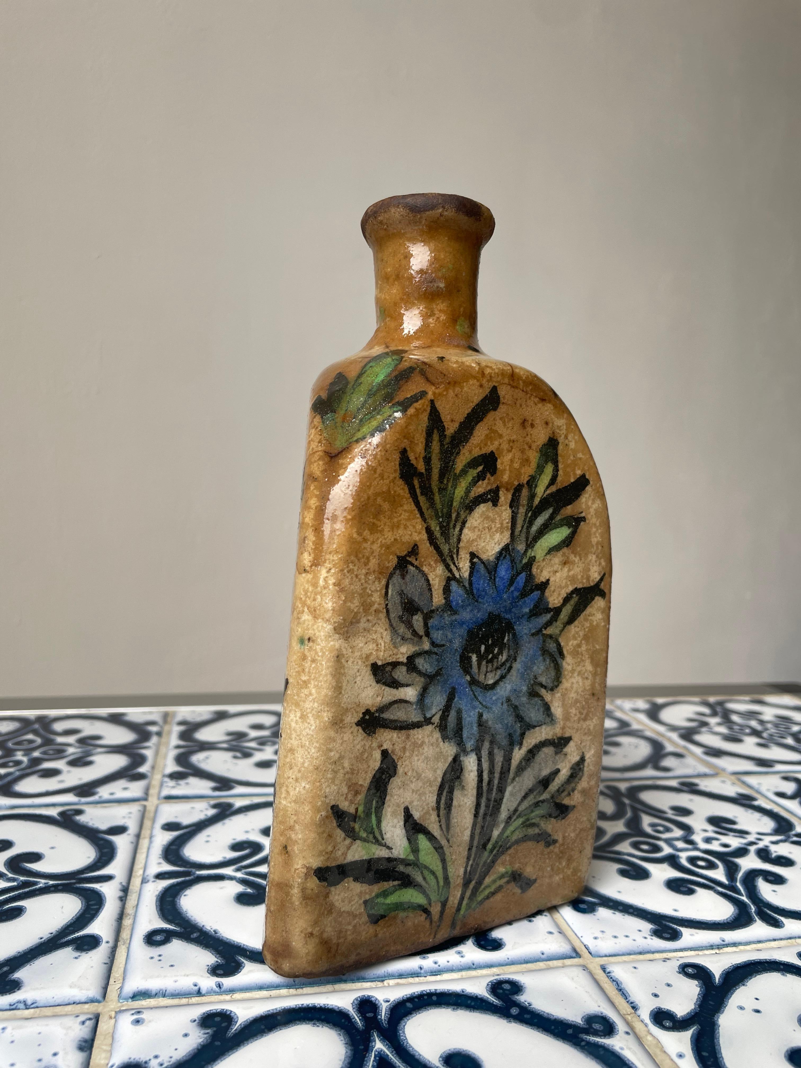 Antique Floral Persian Qajar Pottery Tea Flask, Late 19th Century For Sale 2