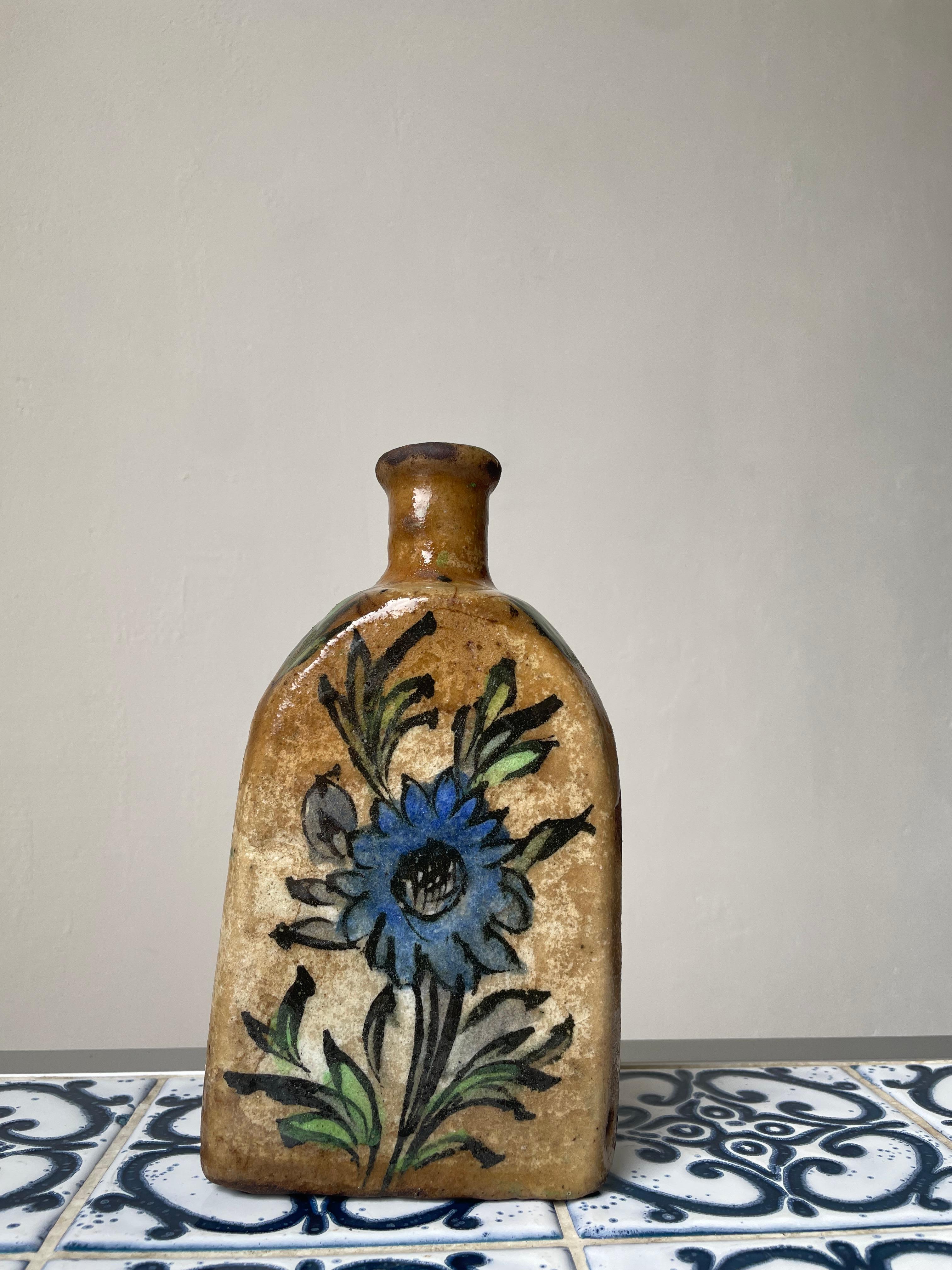 Antique Floral Persian Qajar Pottery Tea Flask, Late 19th Century For Sale 3
