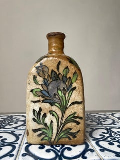 Antique Floral Persian Qajar Pottery Tea Flask, Late 19th Century