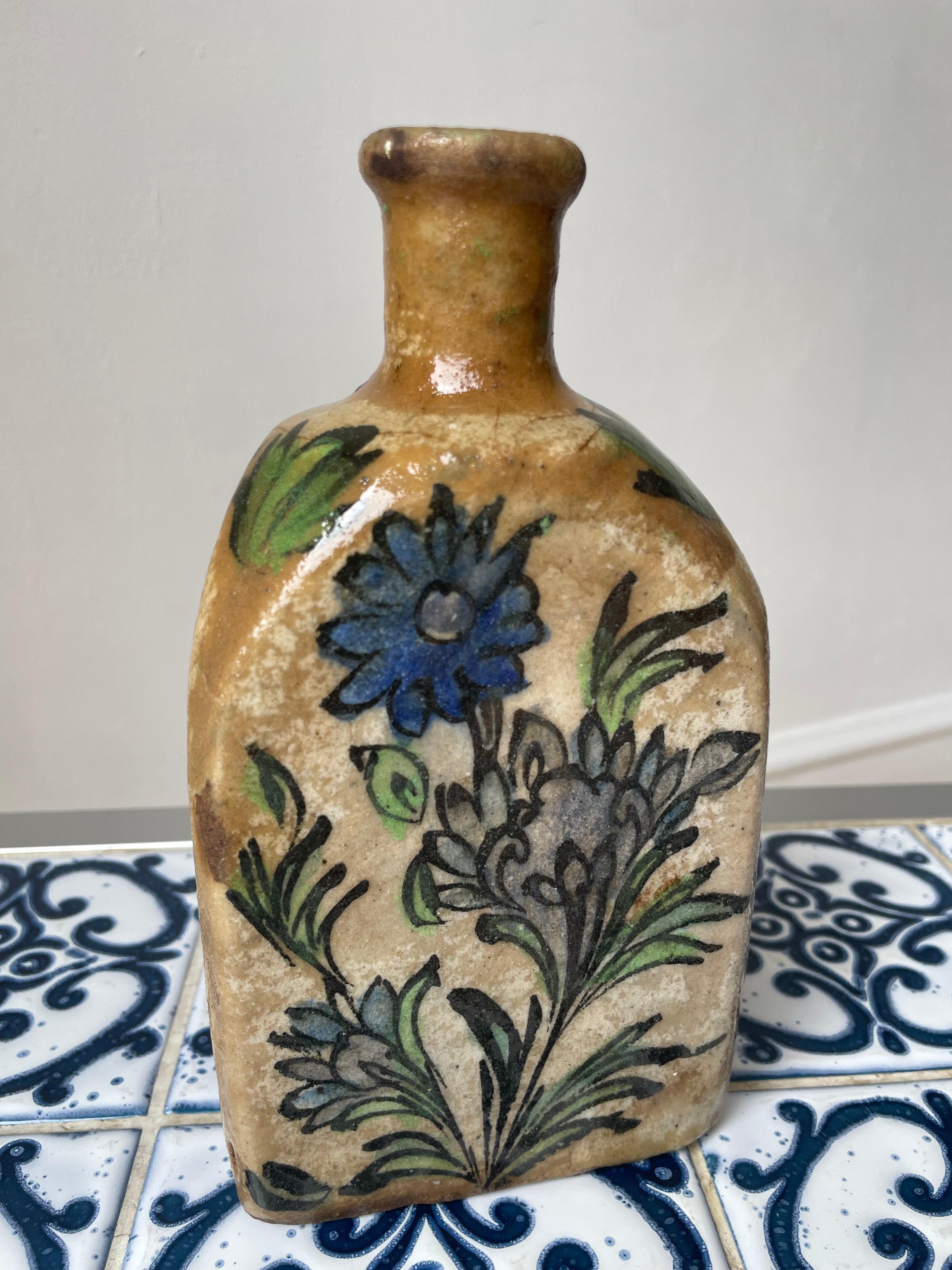 Islamic Antique Floral Persian Qajar Pottery Tea Flask, Late 19th Century For Sale