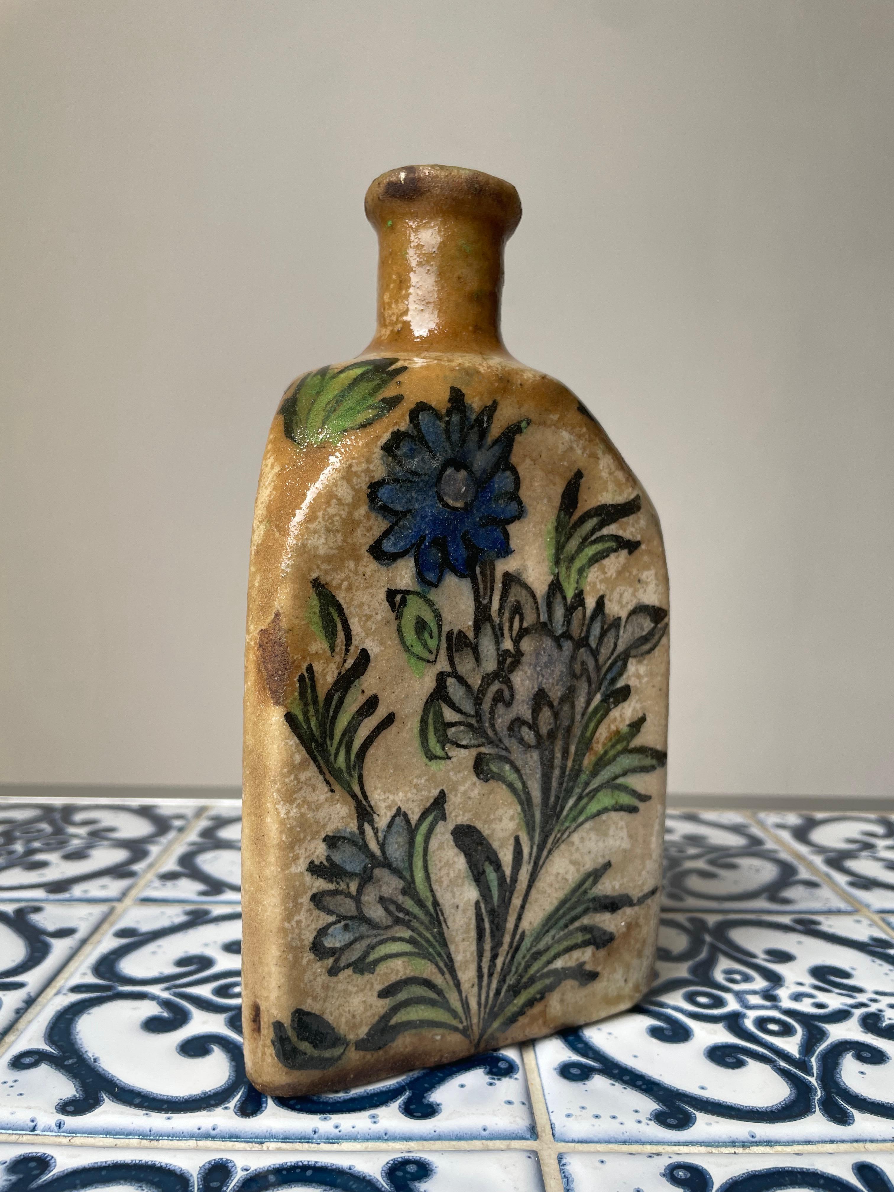 Hand-Painted Antique Floral Persian Qajar Pottery Tea Flask, Late 19th Century For Sale