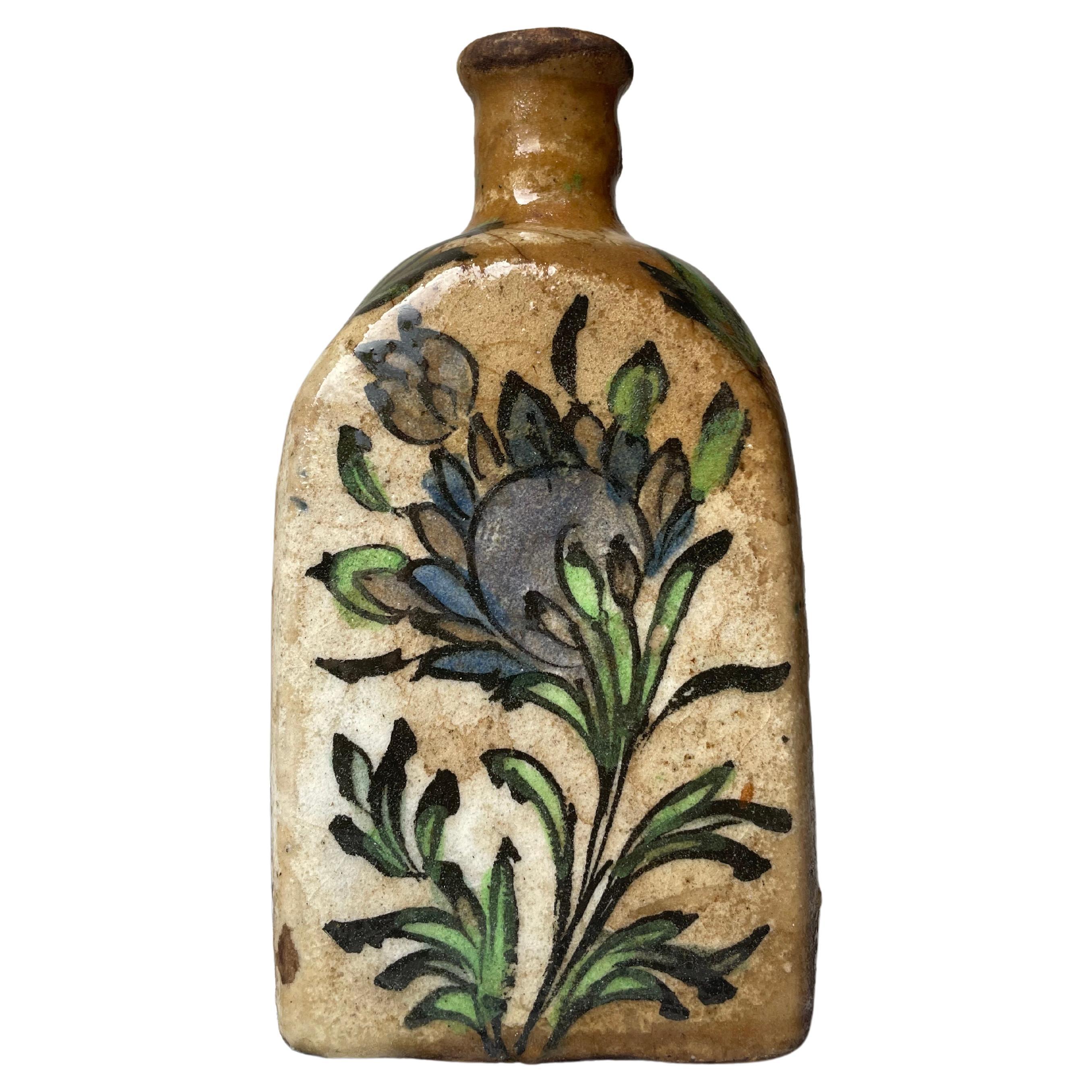 Antique Floral Persian Qajar Pottery Tea Flask, Late 19th Century For Sale