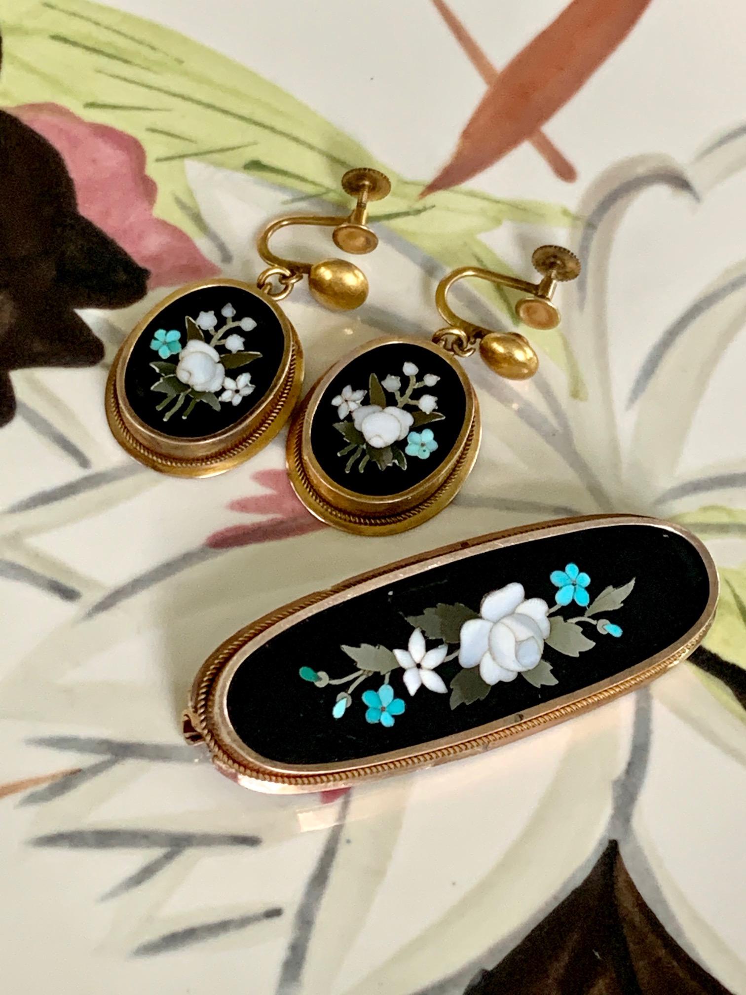 Mixed Cut Antique Floral Pietra Dura Brooch and 14 Karat Yellow Gold Screw Back Earrings