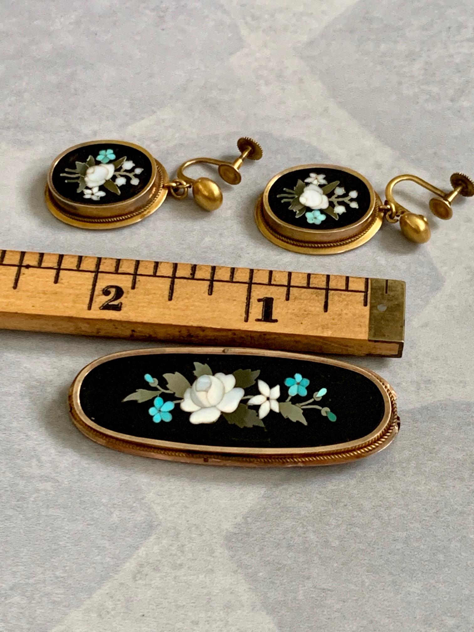 Antique Floral Pietra Dura Brooch and 14 Karat Yellow Gold Screw Back Earrings In Fair Condition In St. Louis Park, MN