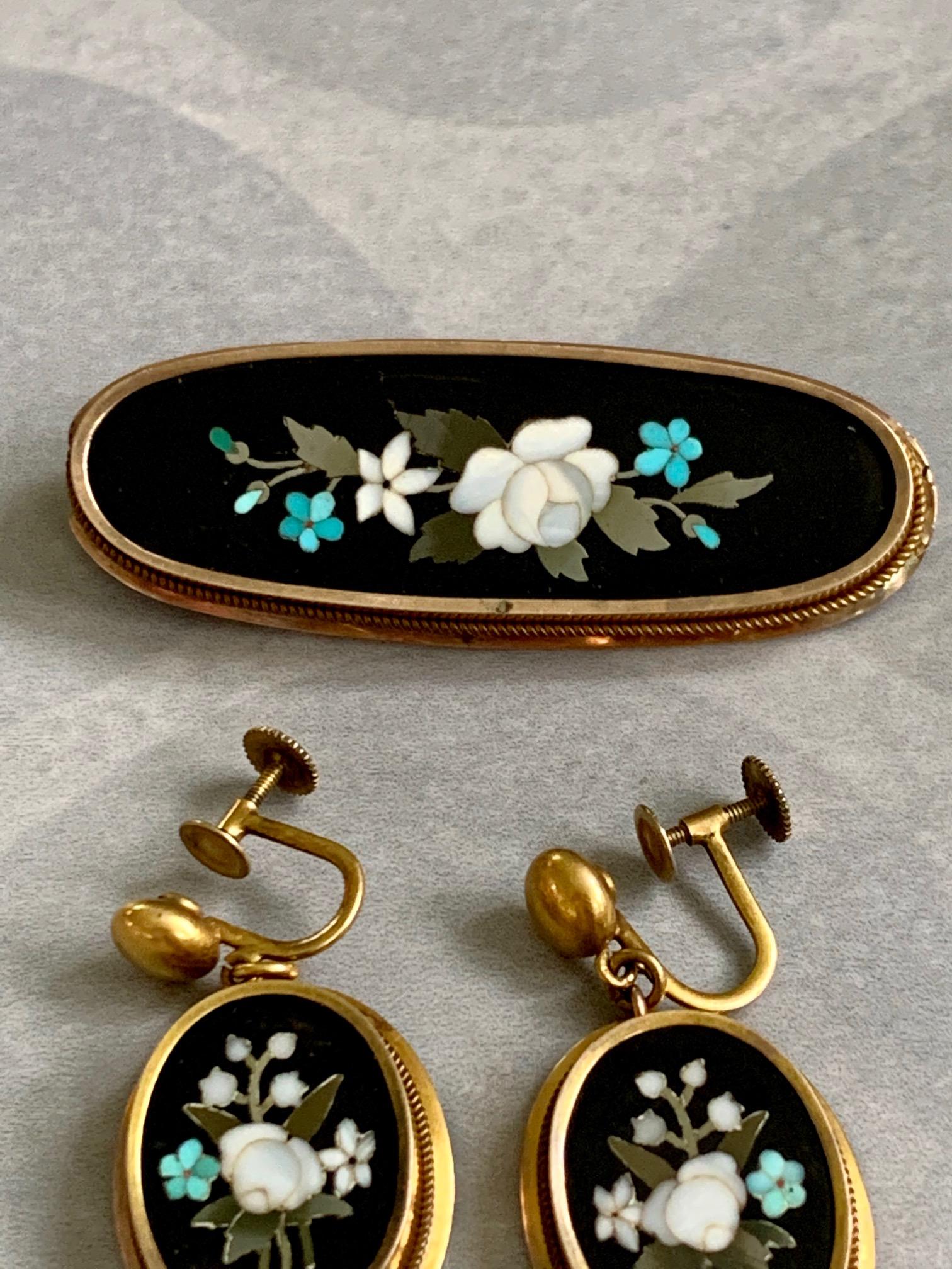 Antique Floral Pietra Dura Brooch and 14 Karat Yellow Gold Screw Back Earrings 1