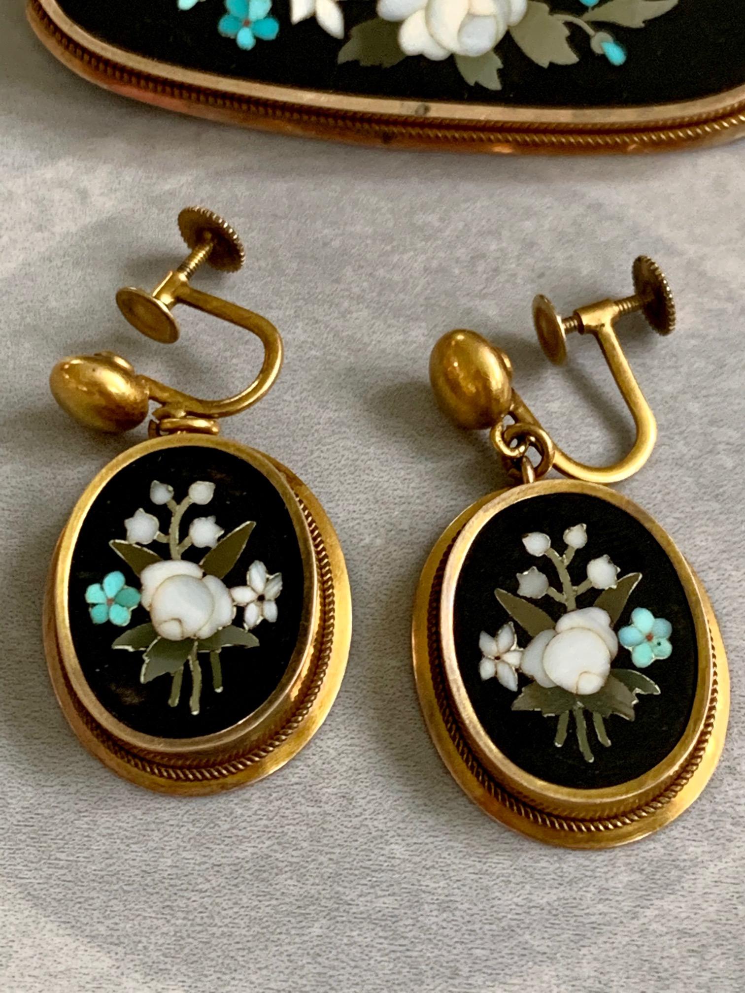 Antique Floral Pietra Dura Brooch and 14 Karat Yellow Gold Screw Back Earrings 2