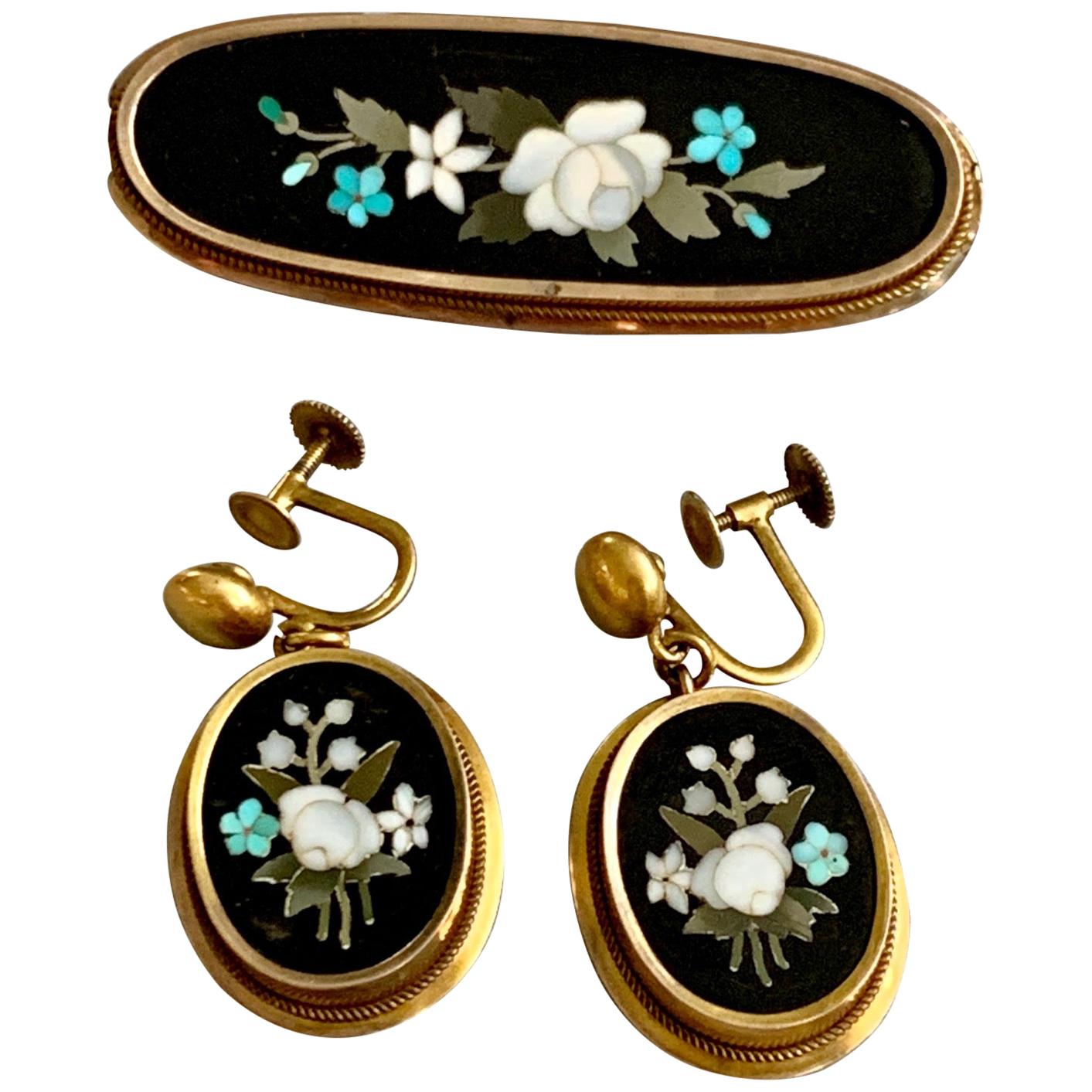 Antique Floral Pietra Dura Brooch and 14 Karat Yellow Gold Screw Back Earrings