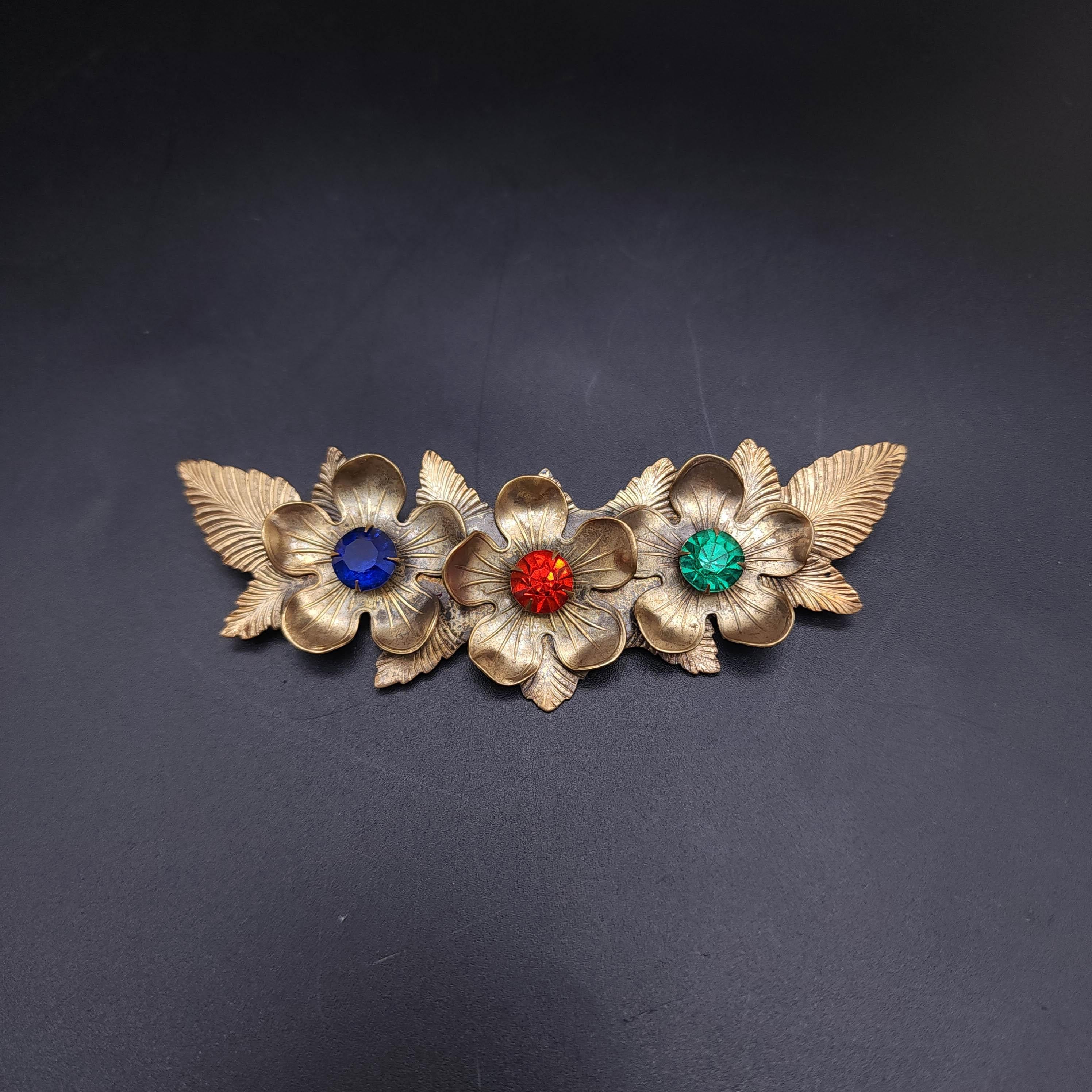 Art Nouveau Antique Floral Pin with Multi-Colored Crystals, Early 1900s, Gold Plated For Sale