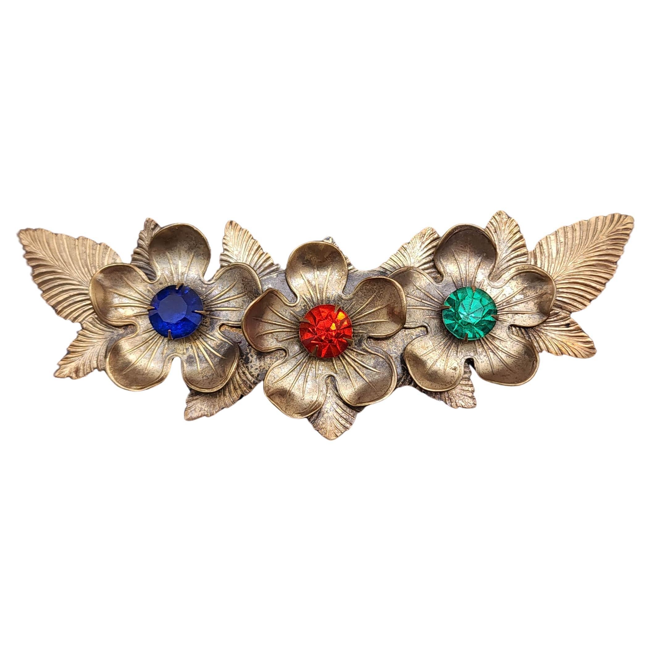 Antique Floral Pin with Multi-Colored Crystals, Early 1900s, Gold Plated For Sale