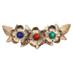 Antique Floral Pin with Multi-Colored Crystals, Early 1900s, Gold Plated