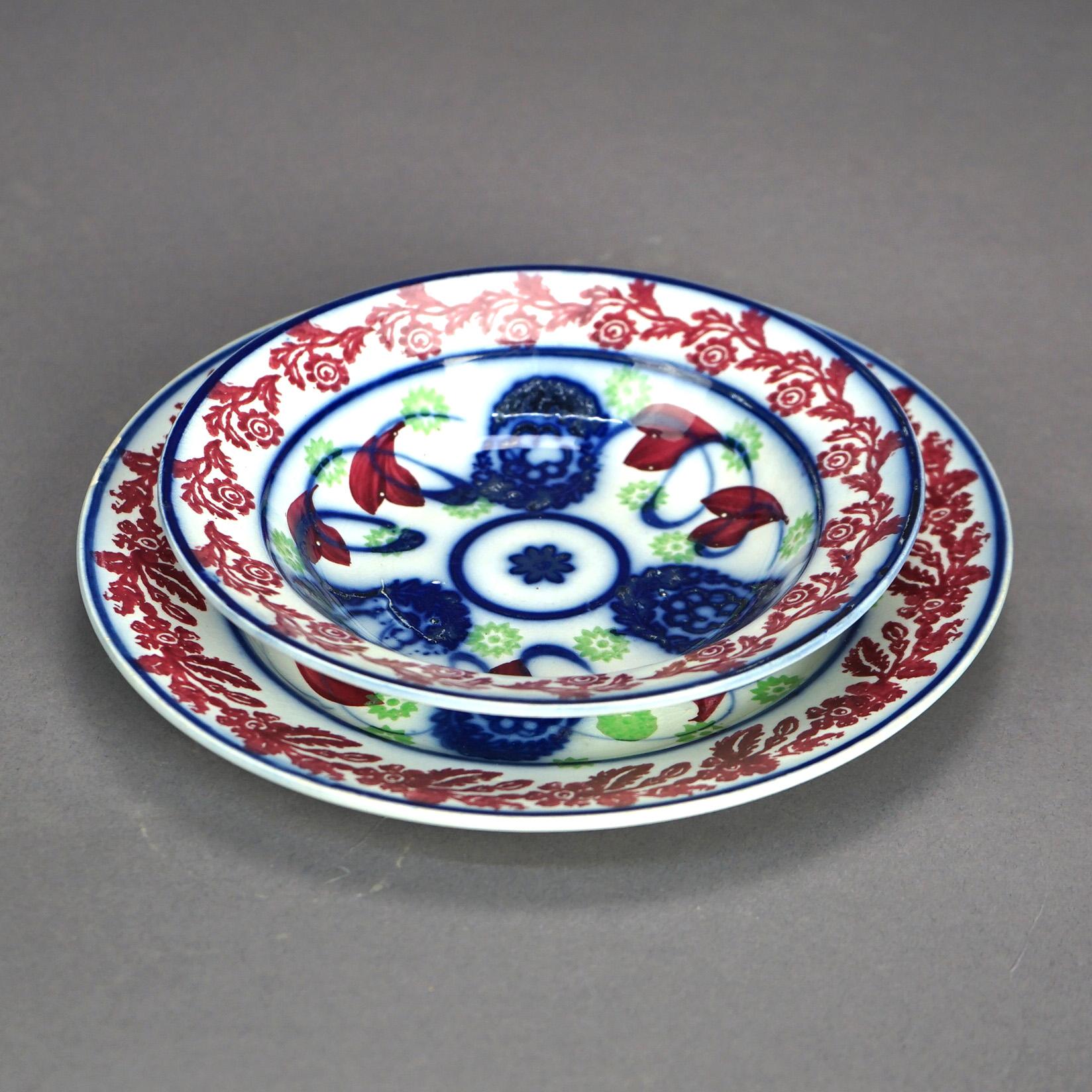 19th Century Antique Floral Polychromed Porcelain Sponge Bowl & Underplate C1850 For Sale