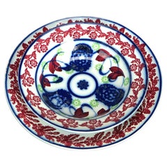 Bol à éponge et sous-assiette antique en porcelaine polychromée à motifs floraux C1850