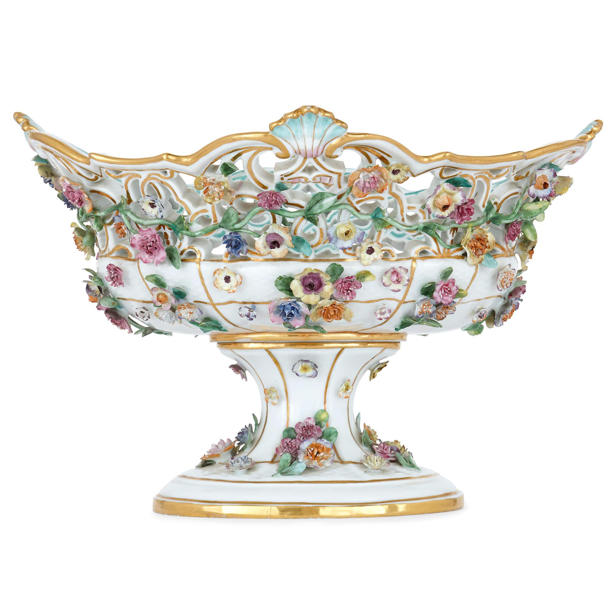 This exquisite antique porcelain fruit bowl is a stunning example of the superior craftsmanship of the Meissen ceramicists. In particular, the pierced, lace-like body of the bowl is demonstrative of the technical skills of its maker; as are the Fine