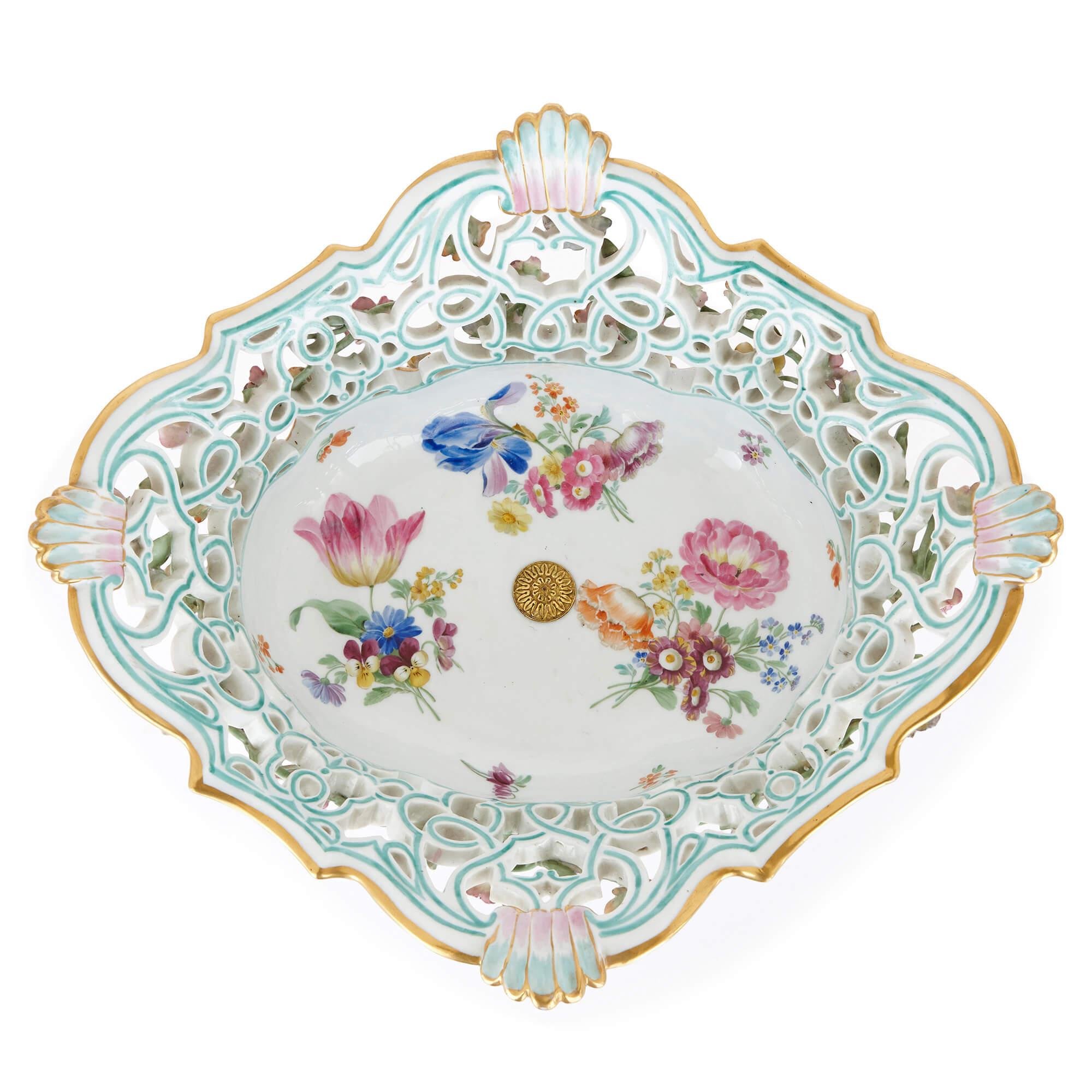 Antique Floral Porcelain Fruit Bowl by Meissen In Good Condition In London, GB