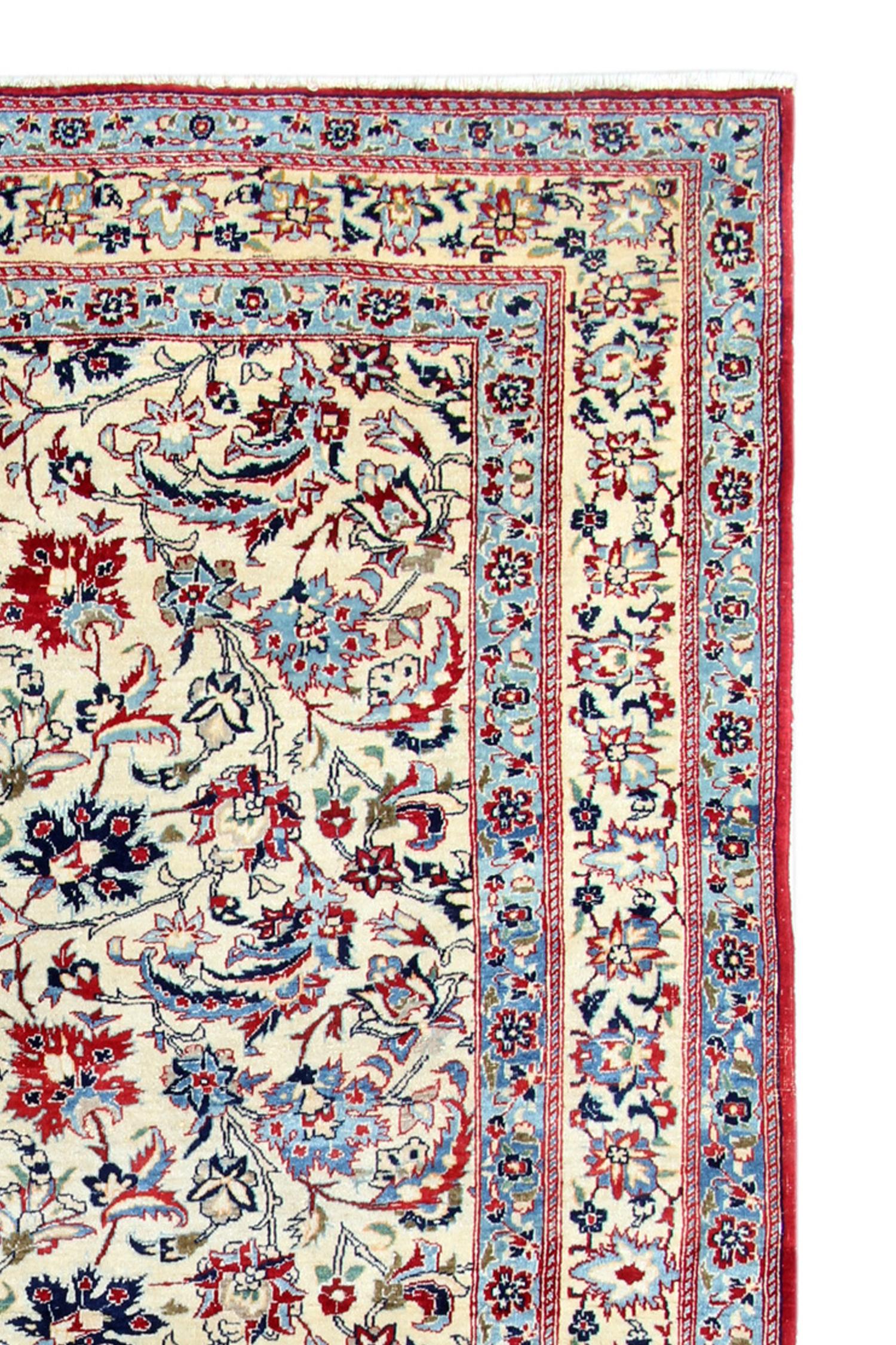 Caucasian Antique Floral Rug Handwoven Carpet Cream Blue Wool Living Room Rug For Sale