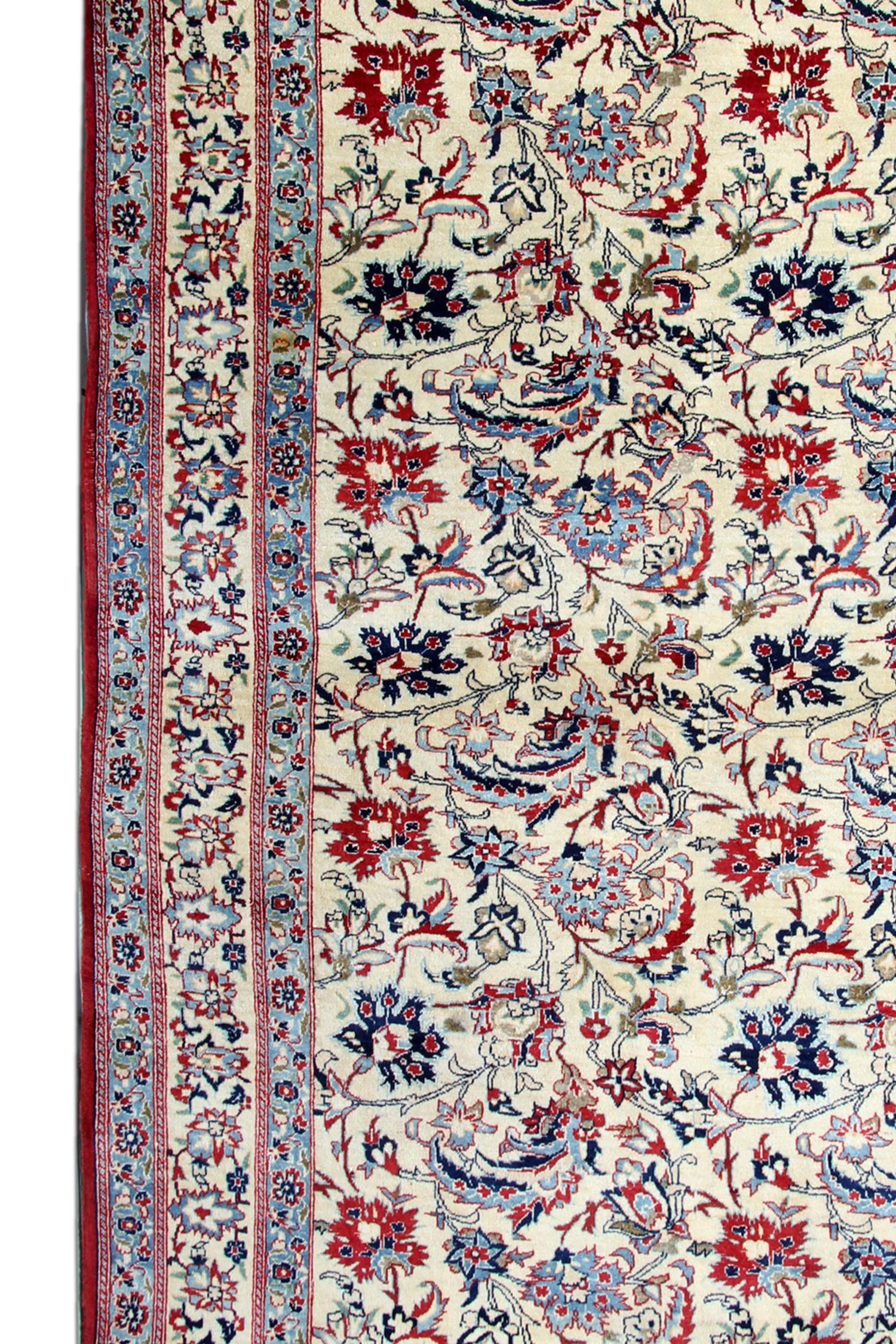 Vegetable Dyed Antique Floral Rug Handwoven Carpet Cream Blue Wool Living Room Rug For Sale