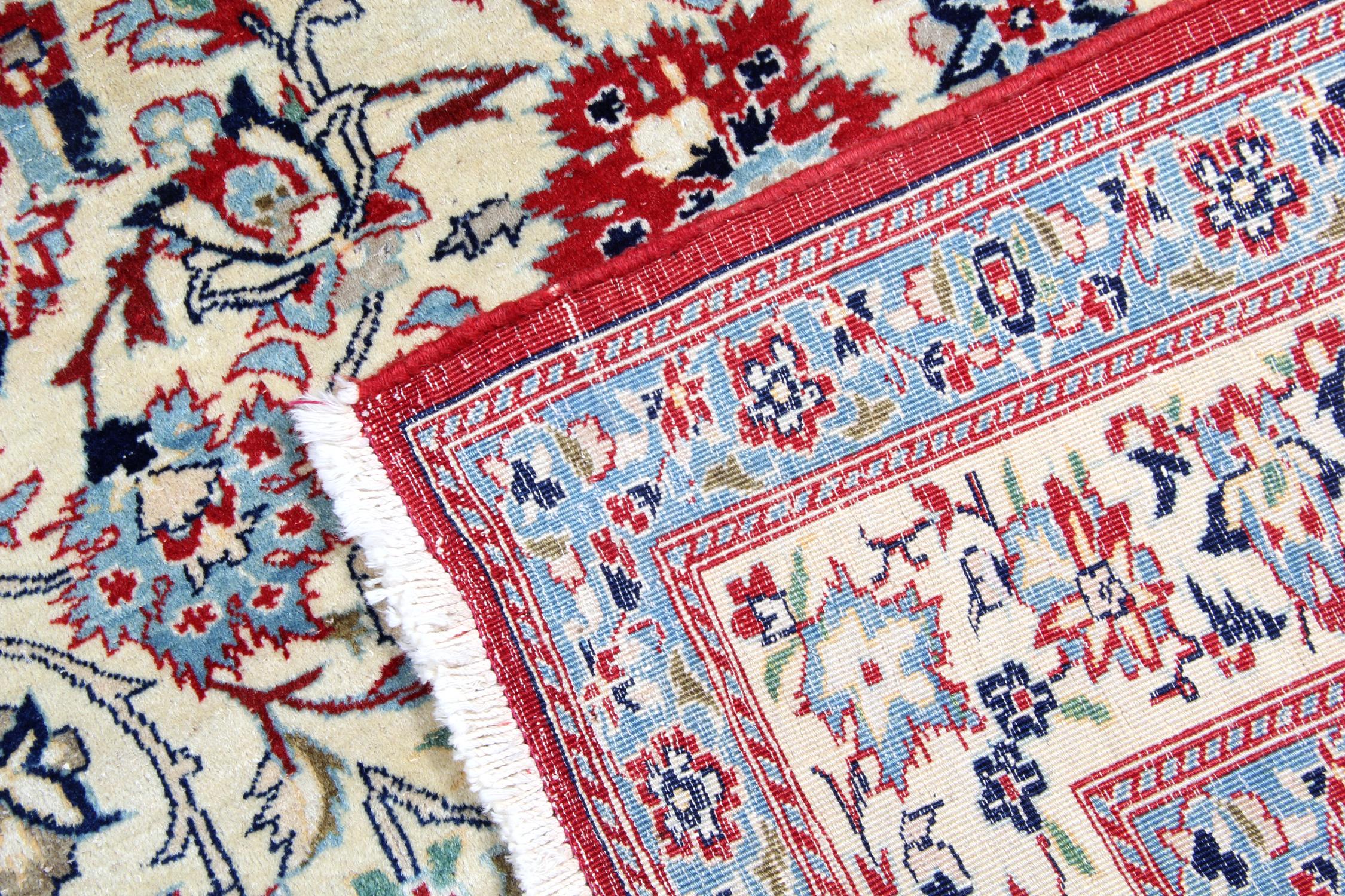 Antique Floral Rug Handwoven Carpet Cream Blue Wool Living Room Rug For Sale 1