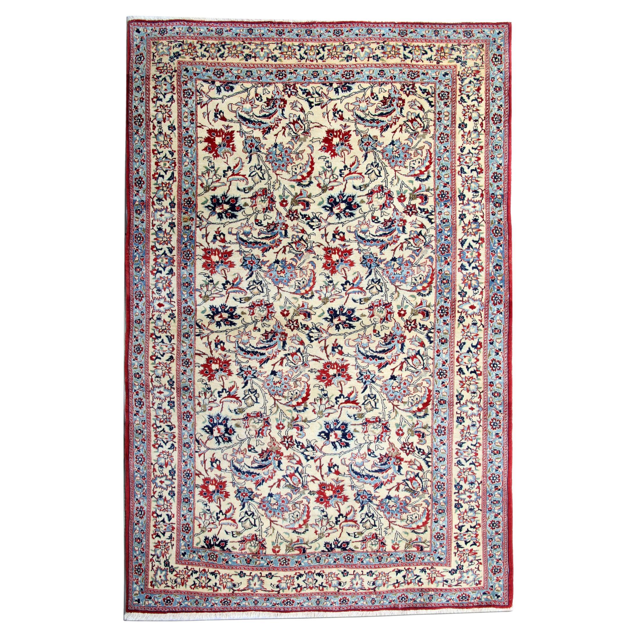 Antique Floral Rug Handwoven Carpet Cream Blue Wool Living Room Rug For Sale