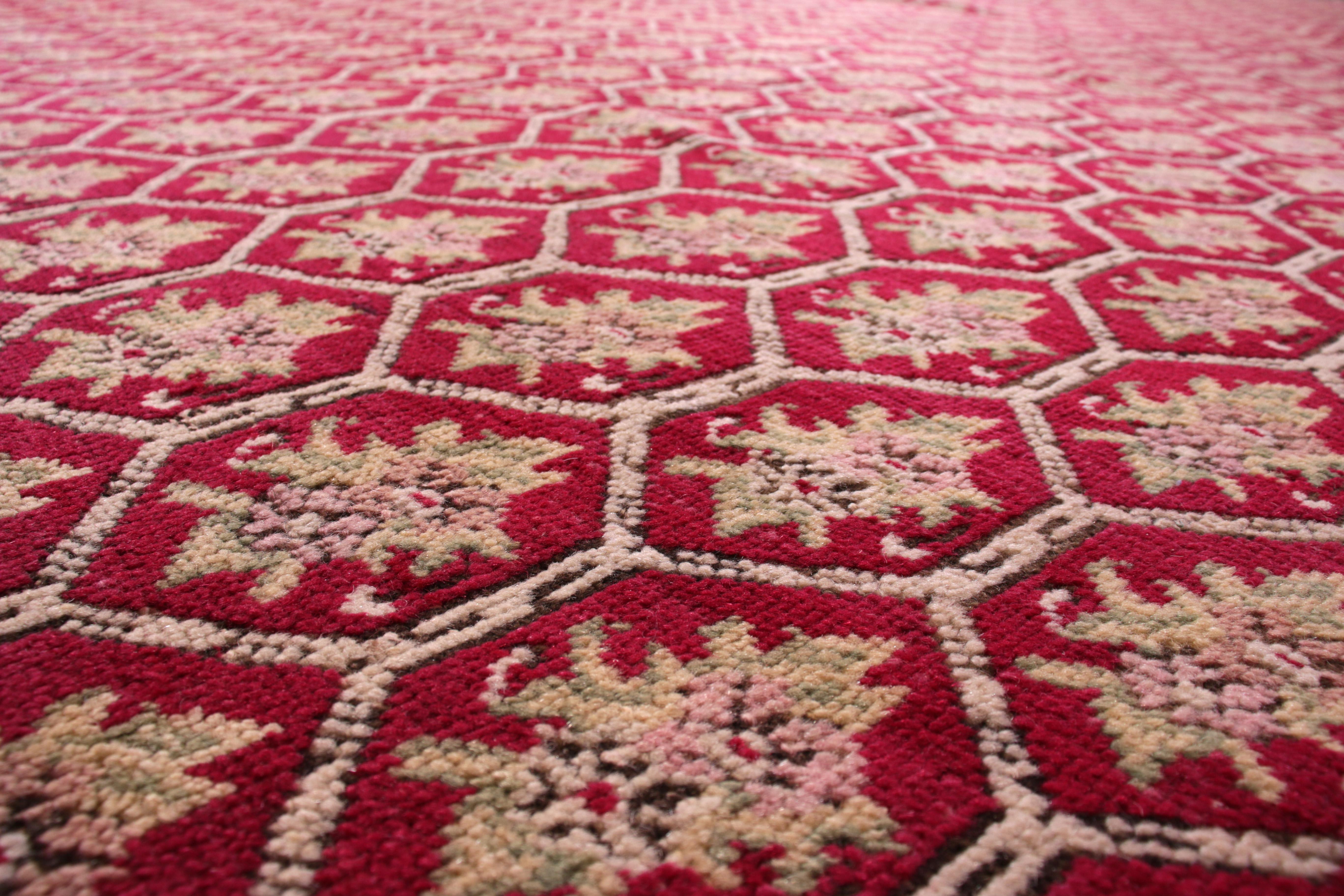 Turkish Antique Floral Rug Red and Pink Transitional Design by Rug & Kilim For Sale