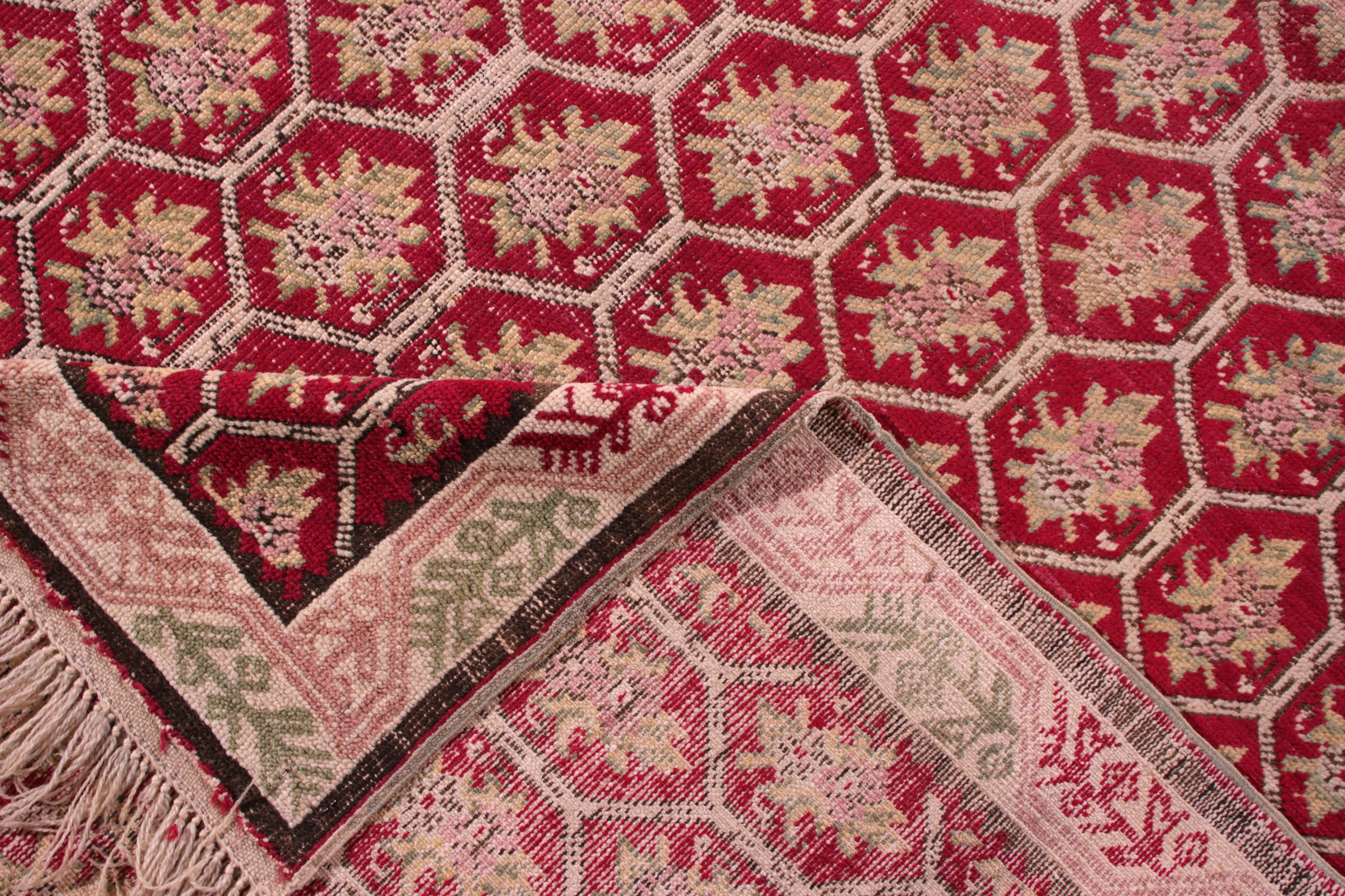 Hand-Knotted Antique Floral Rug Red and Pink Transitional Design by Rug & Kilim For Sale