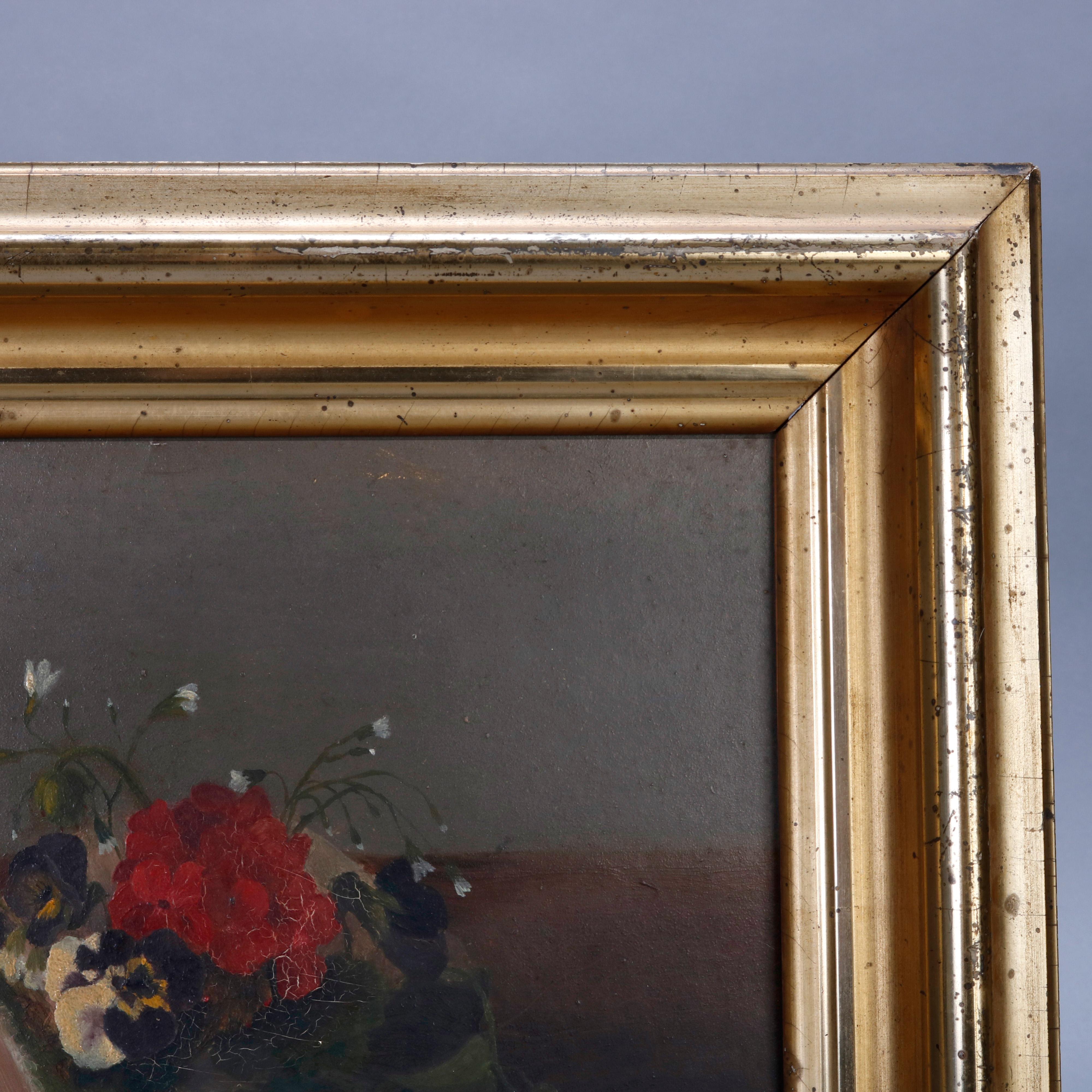 Floral and Seashell Still Life Painting in Giltwood Frame, Signed, circa 1900 2