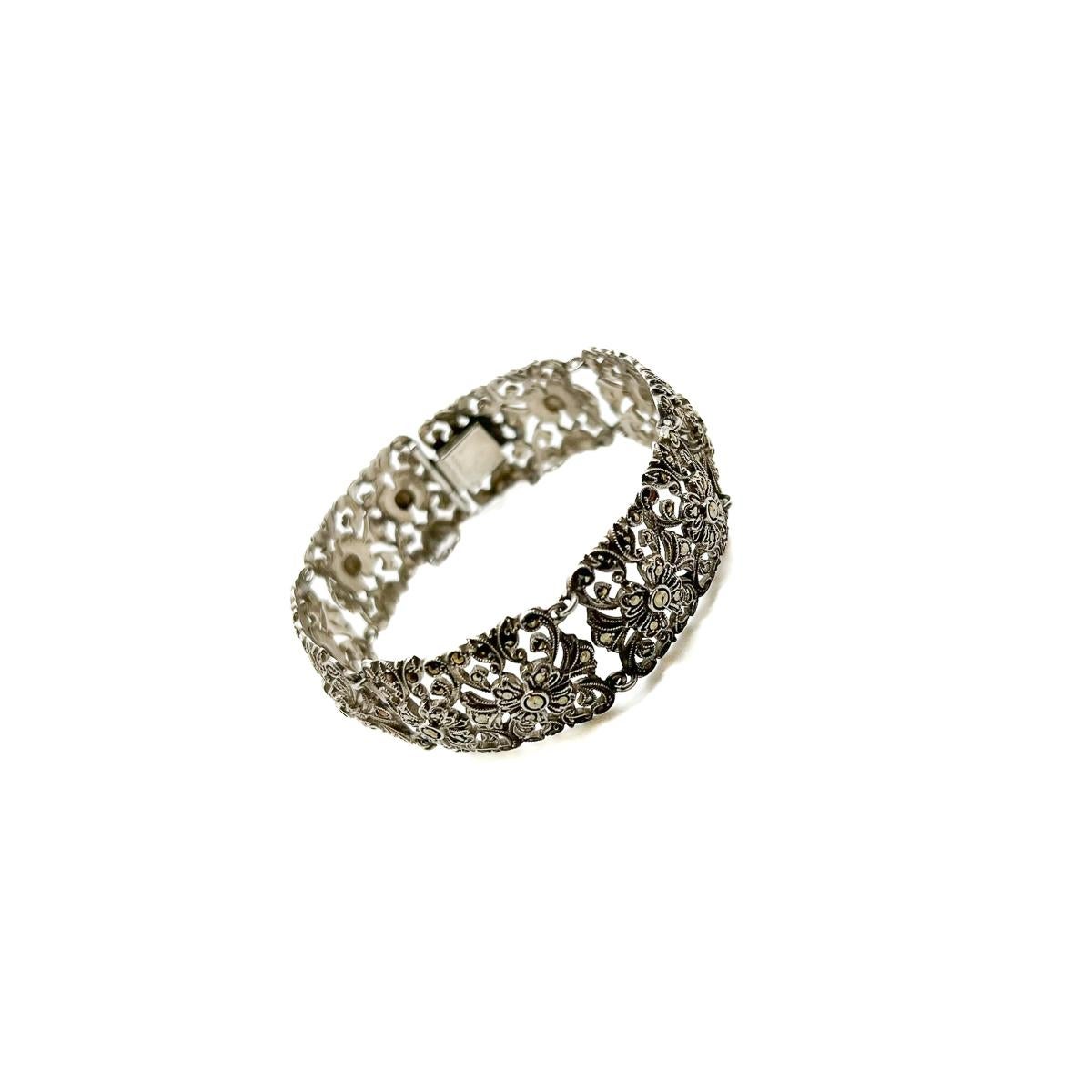 Antique Floral Sterling Marcasite Bracelet 1920s In Good Condition For Sale In Wilmslow, GB