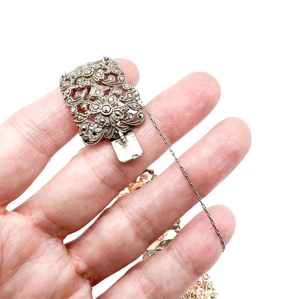 Women's or Men's Antique Floral Sterling Marcasite Bracelet 1920s For Sale
