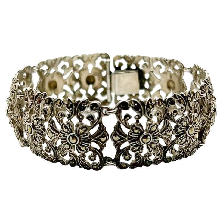 Antique Floral Sterling Marcasite Bracelet 1920s