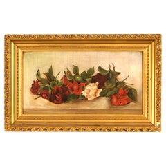 Antique Floral Still Life Oil on Canvas Painting of Roses, Giltwood Framed C1890