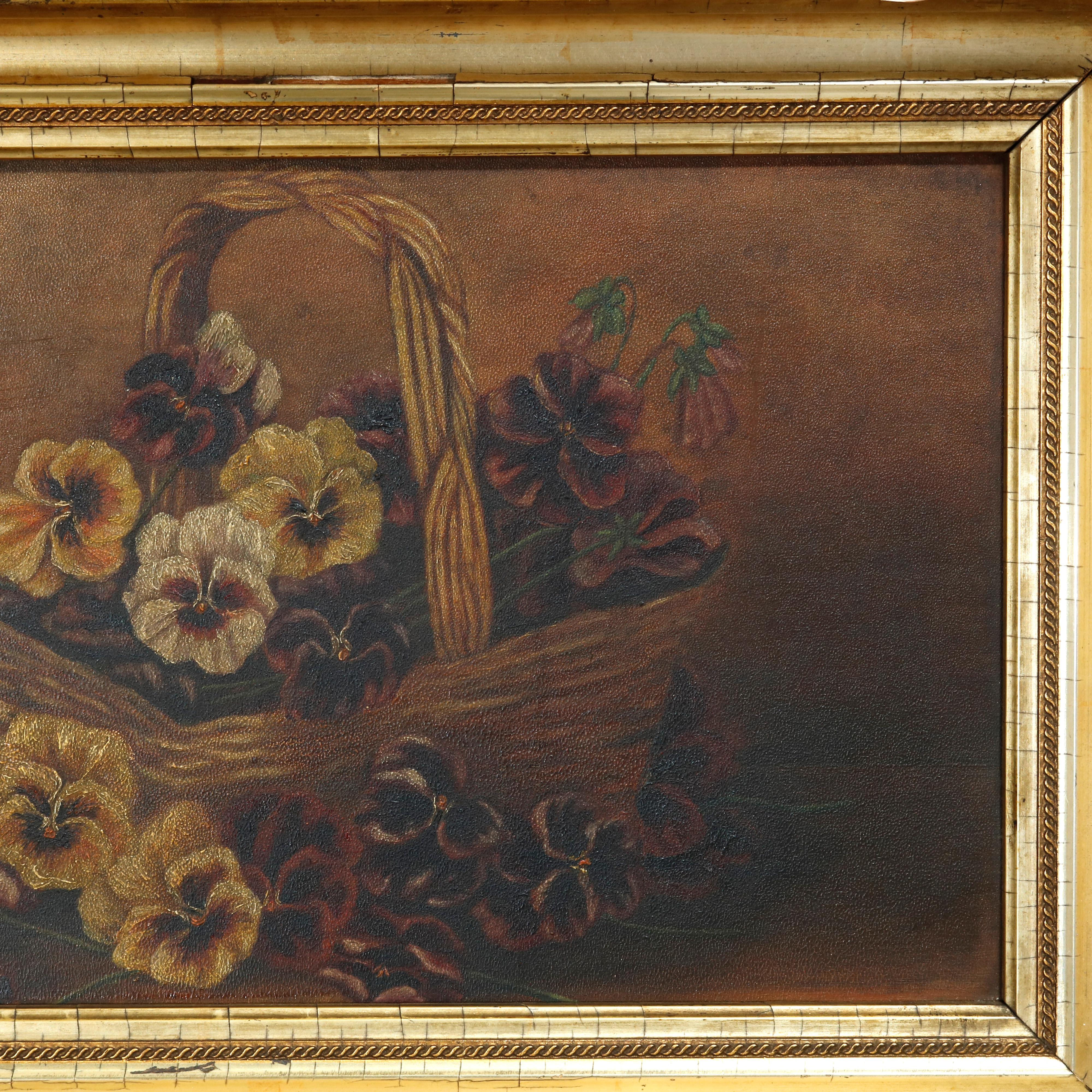 Victorian Antique Floral Still Life Oil Painting on Board of Pansies in a Basket, c1890