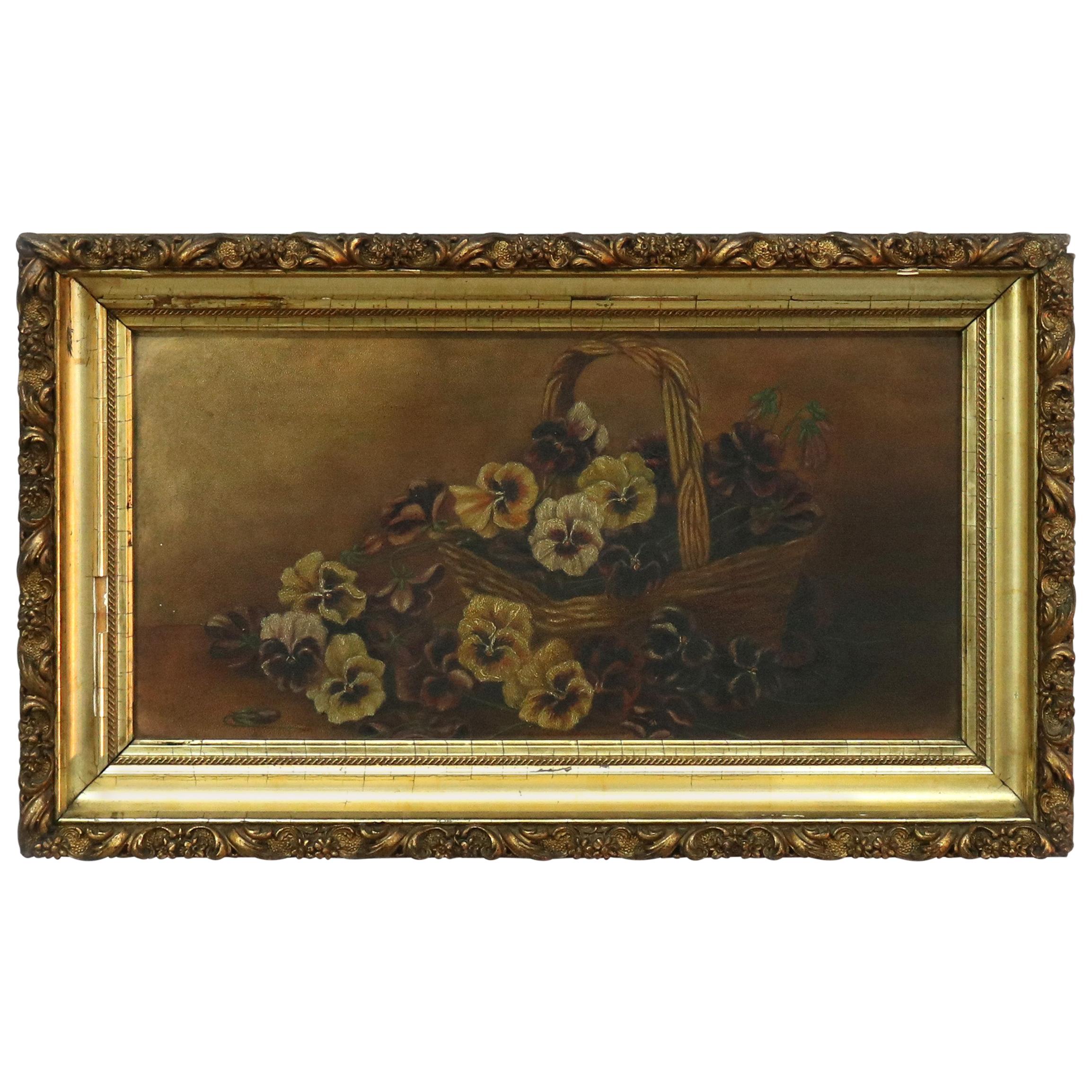 Antique Floral Still Life Oil Painting on Board of Pansies in a Basket, c1890