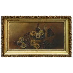 Antique Floral Still Life Oil Painting on Board of Pansies in a Basket, c1890