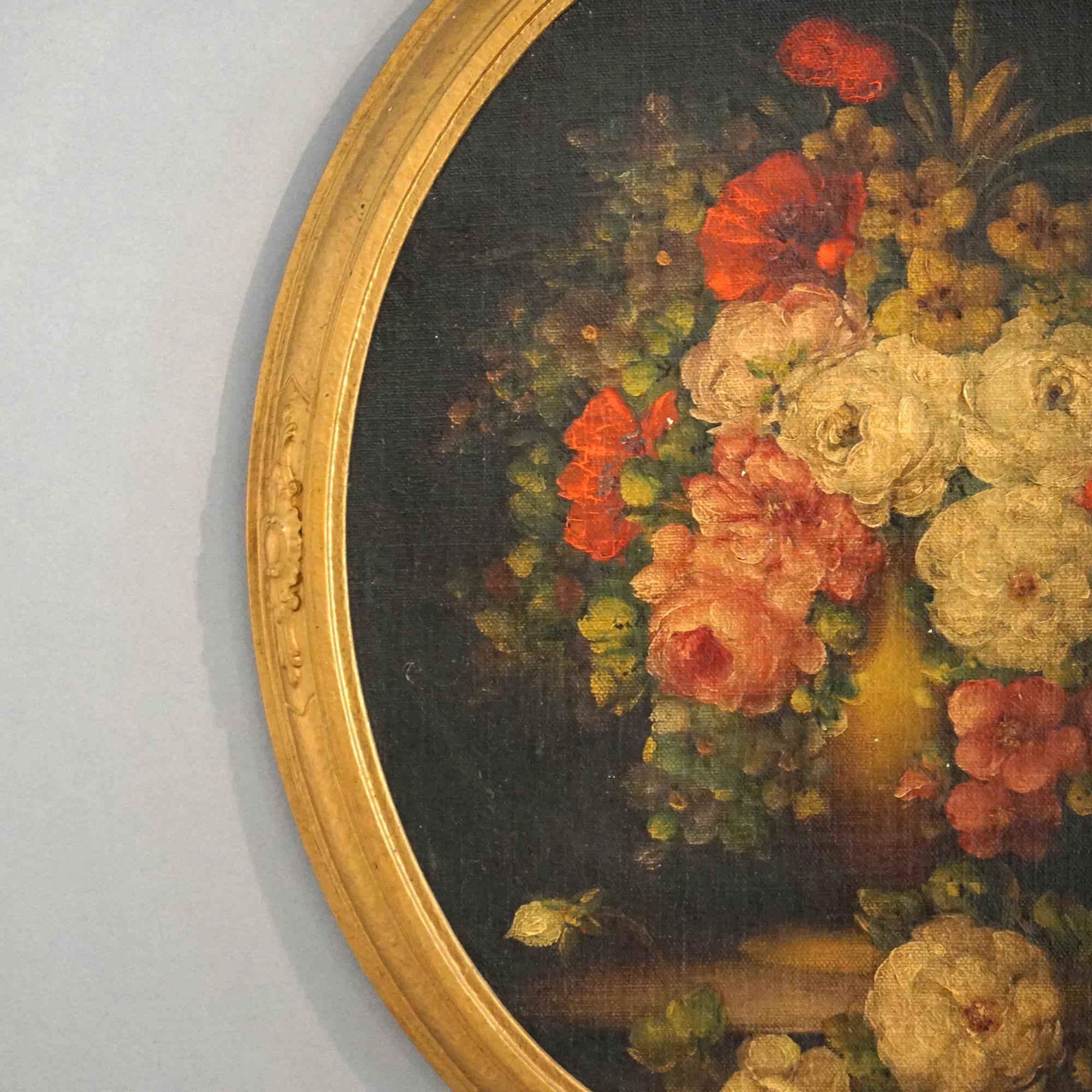 An antique painting offers oil on board floral still life seated in oval giltwood frame, artist signed lower right, c1920

Measures- 19.25''H x 16.5''W x .5''D; 14'' x 17.25'' sight
