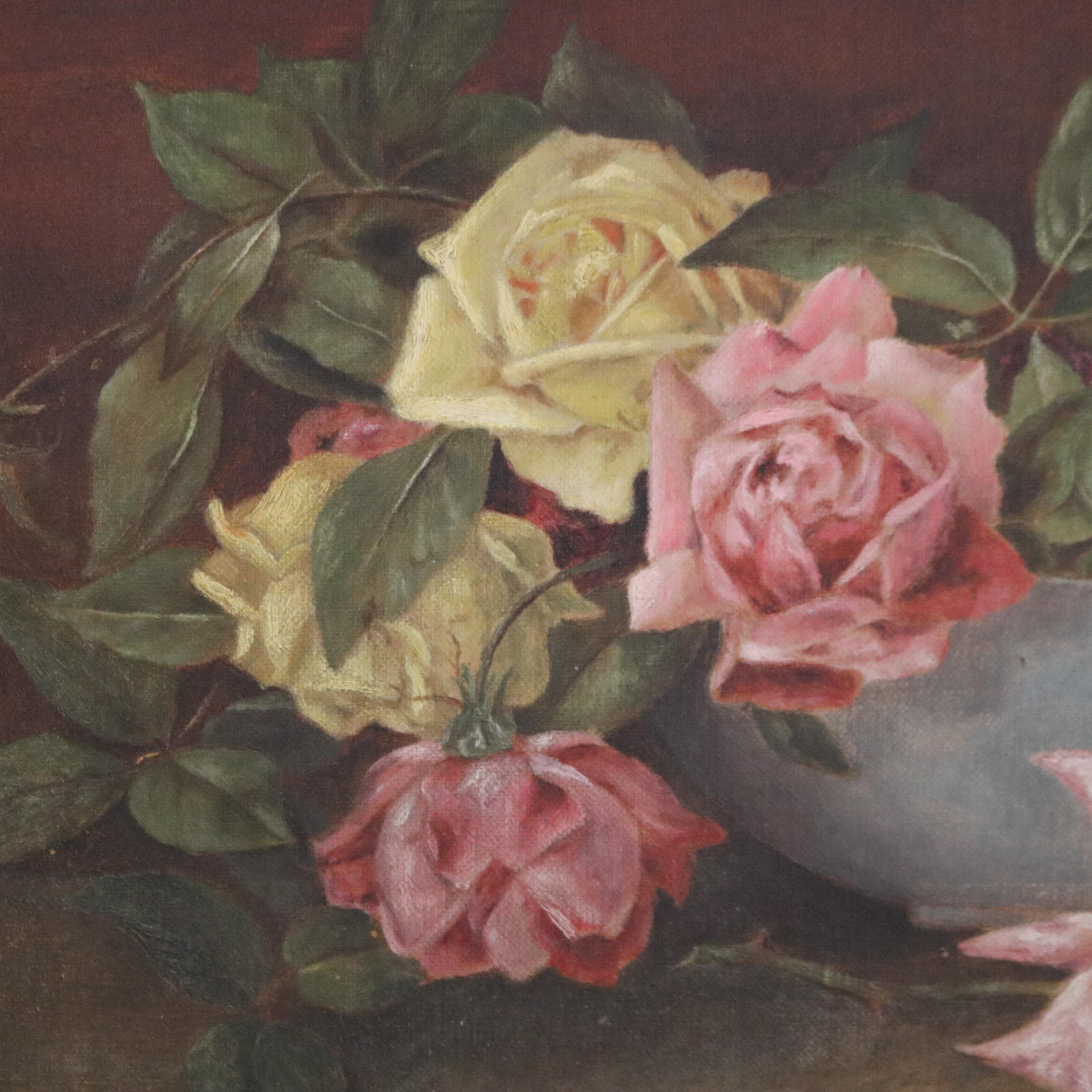 An antique painting offers oil on canvas floral still life of roses, seated i in giltwood frame, c1890

Measures - 19.5